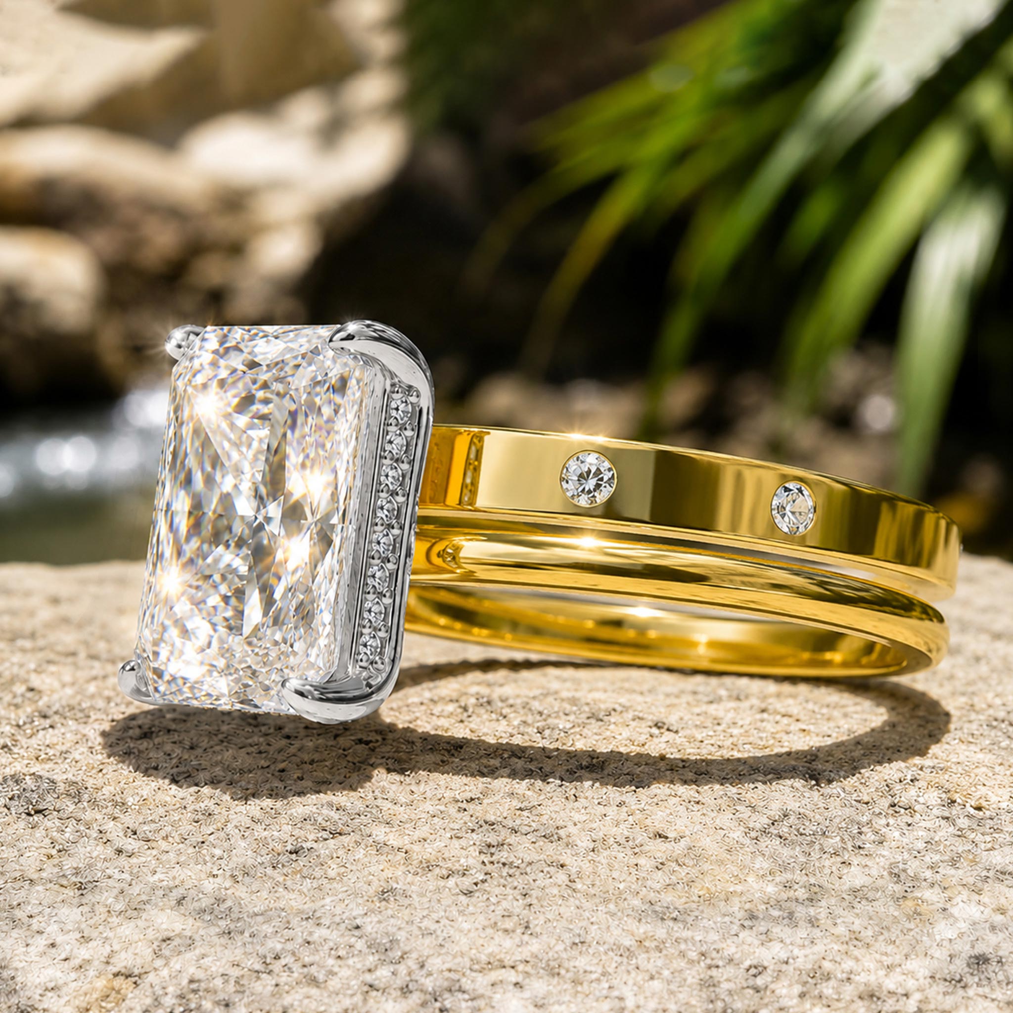 Classic Halo Hidden Design Radiant Cut Moissanite Center Stone Bridal Set With Modern Pave Band #MCBSM0022