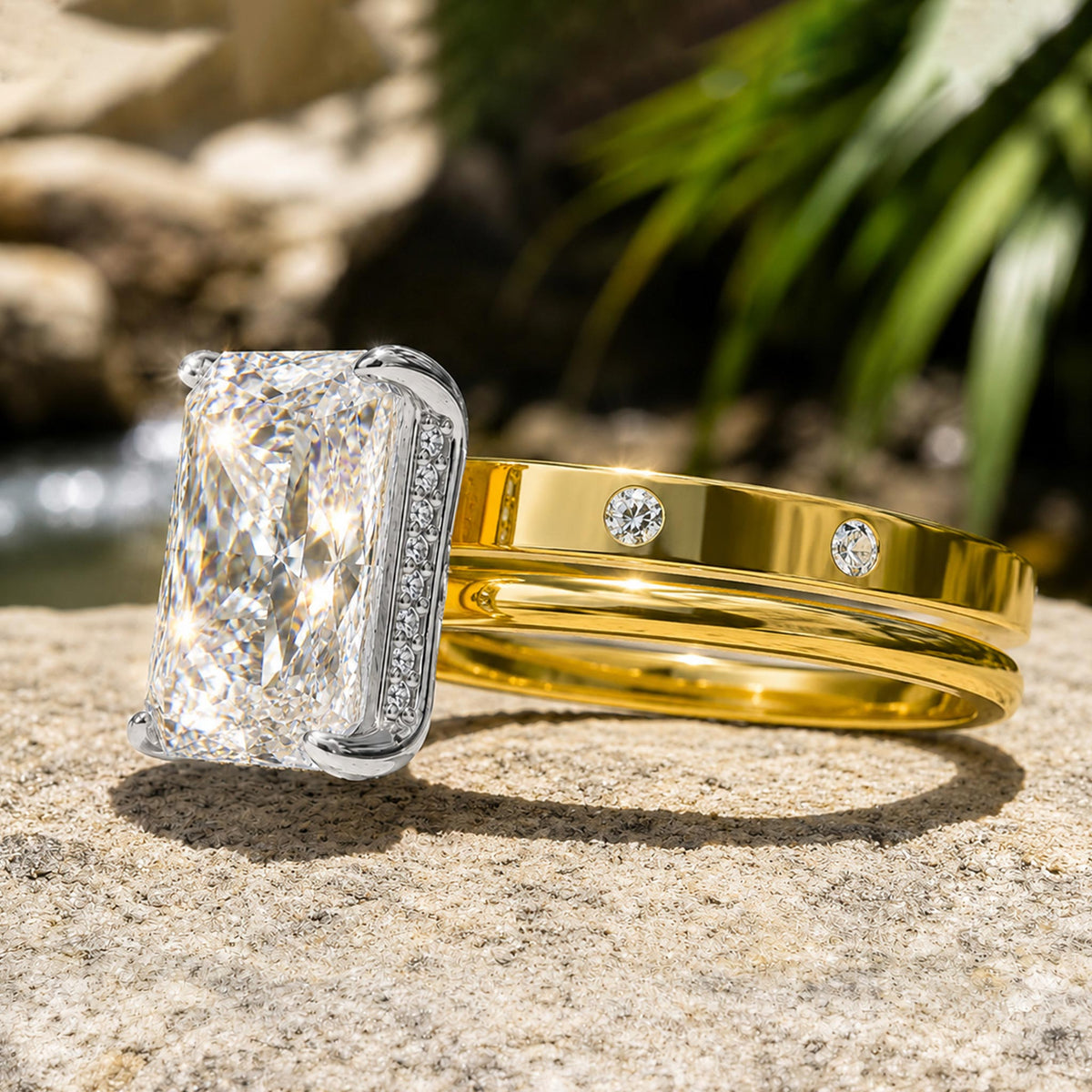 Classic Halo Hidden Design Radiant Cut Moissanite Center Stone Bridal Set With Modern Pave Band #MCBSM0022