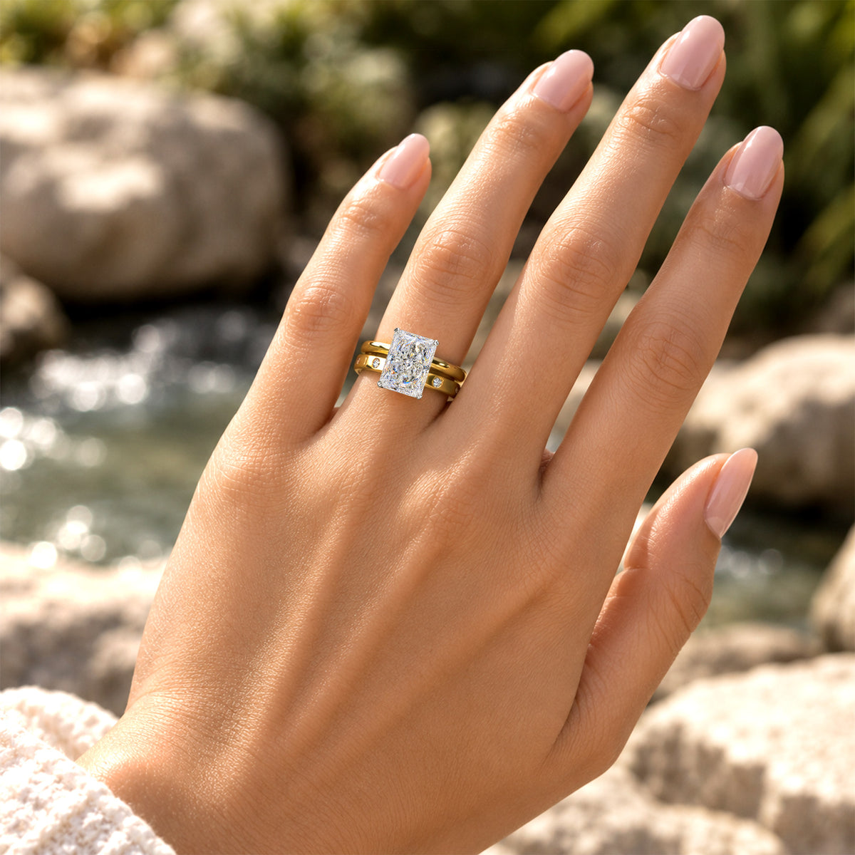 Classic Halo Hidden Design Radiant Cut Moissanite Center Stone Bridal Set With Modern Pave Band #MCBSM0022