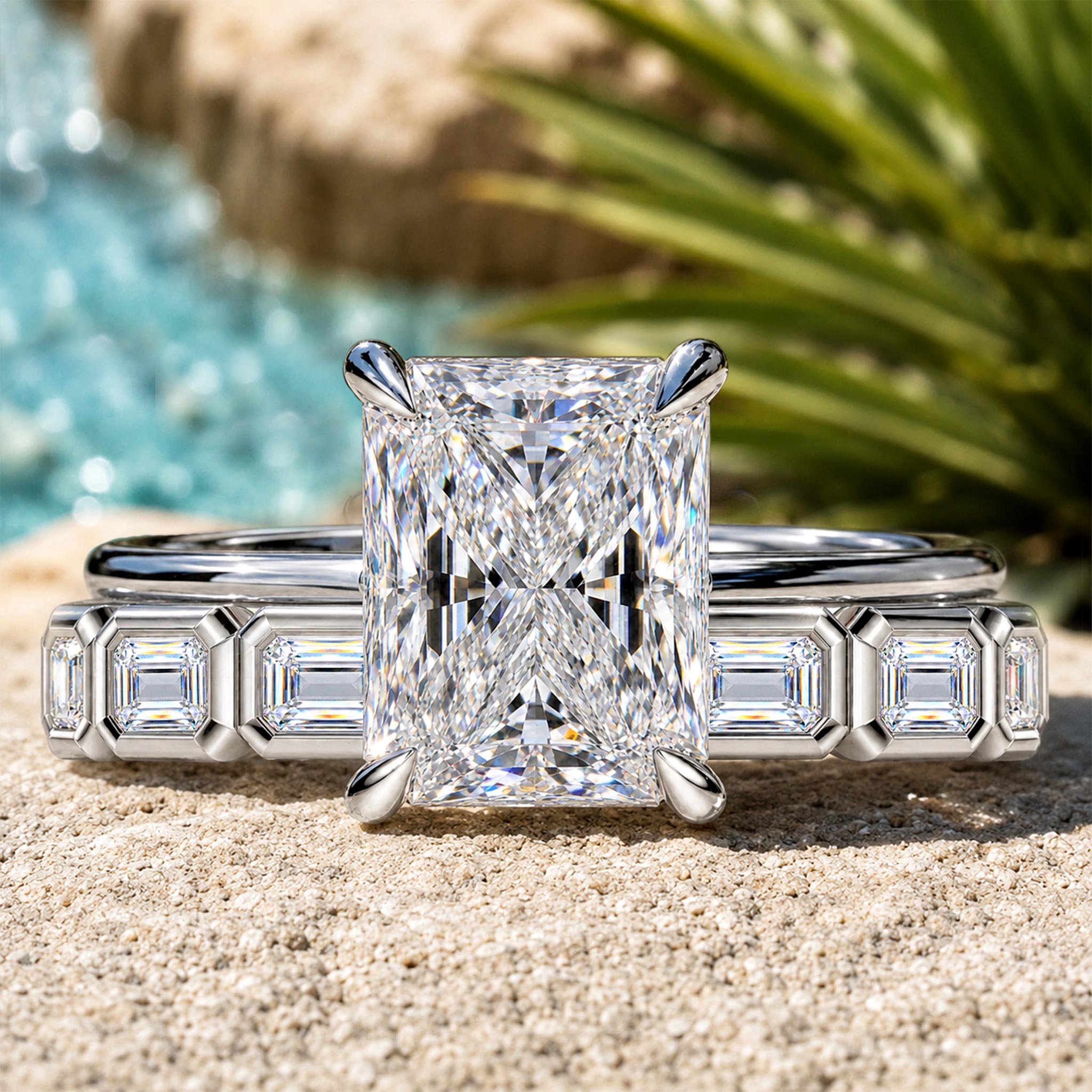 Hidden Halo Art Deco Design Radiant Cut Moissanite Pave Shank Bridal Set With Baguette Cut Round Cut Accent Stones #MCBSM0023