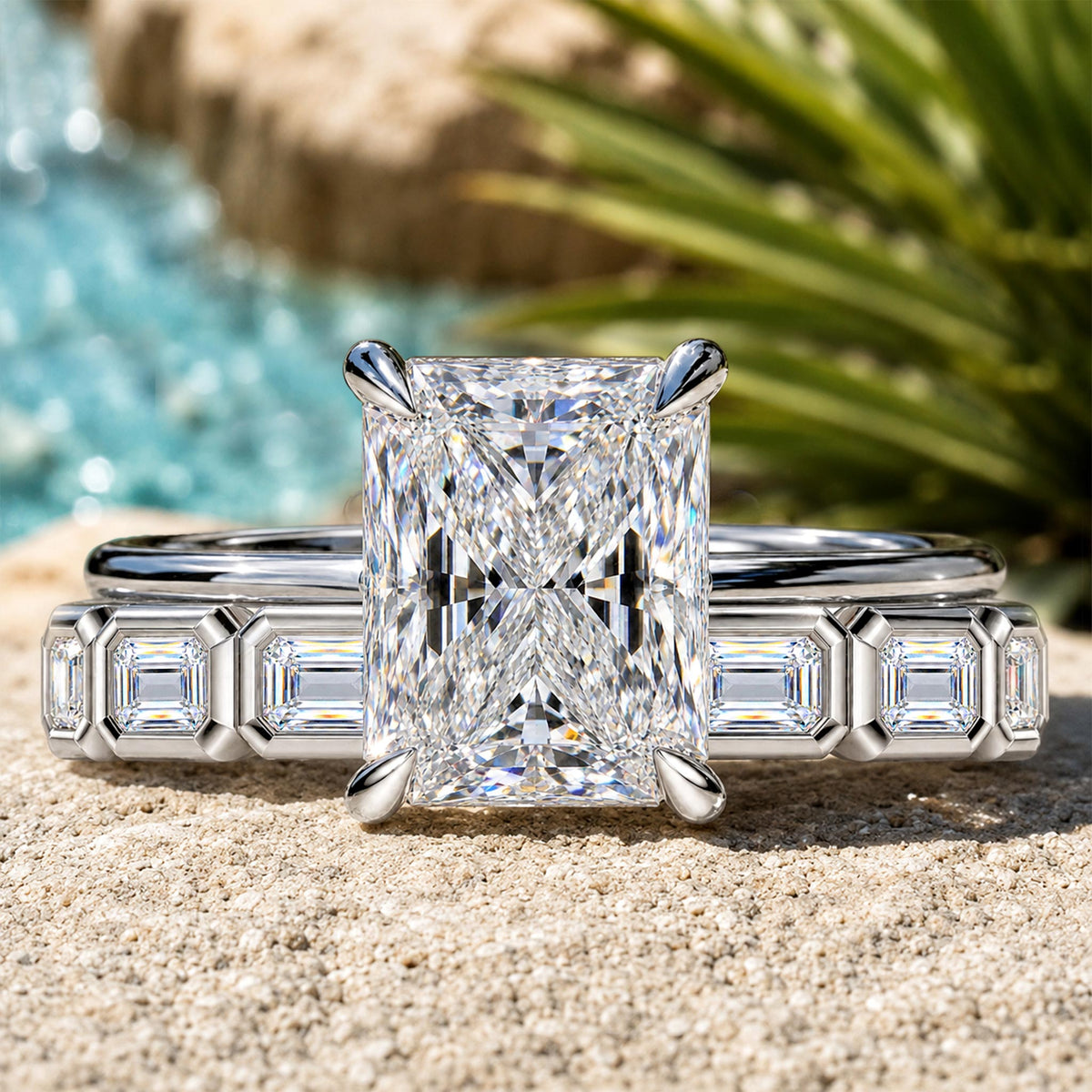 Hidden Halo Art Deco Design Radiant Cut Moissanite Pave Shank Bridal Set With Baguette Cut Round Cut Accent Stones #MCBSM0023
