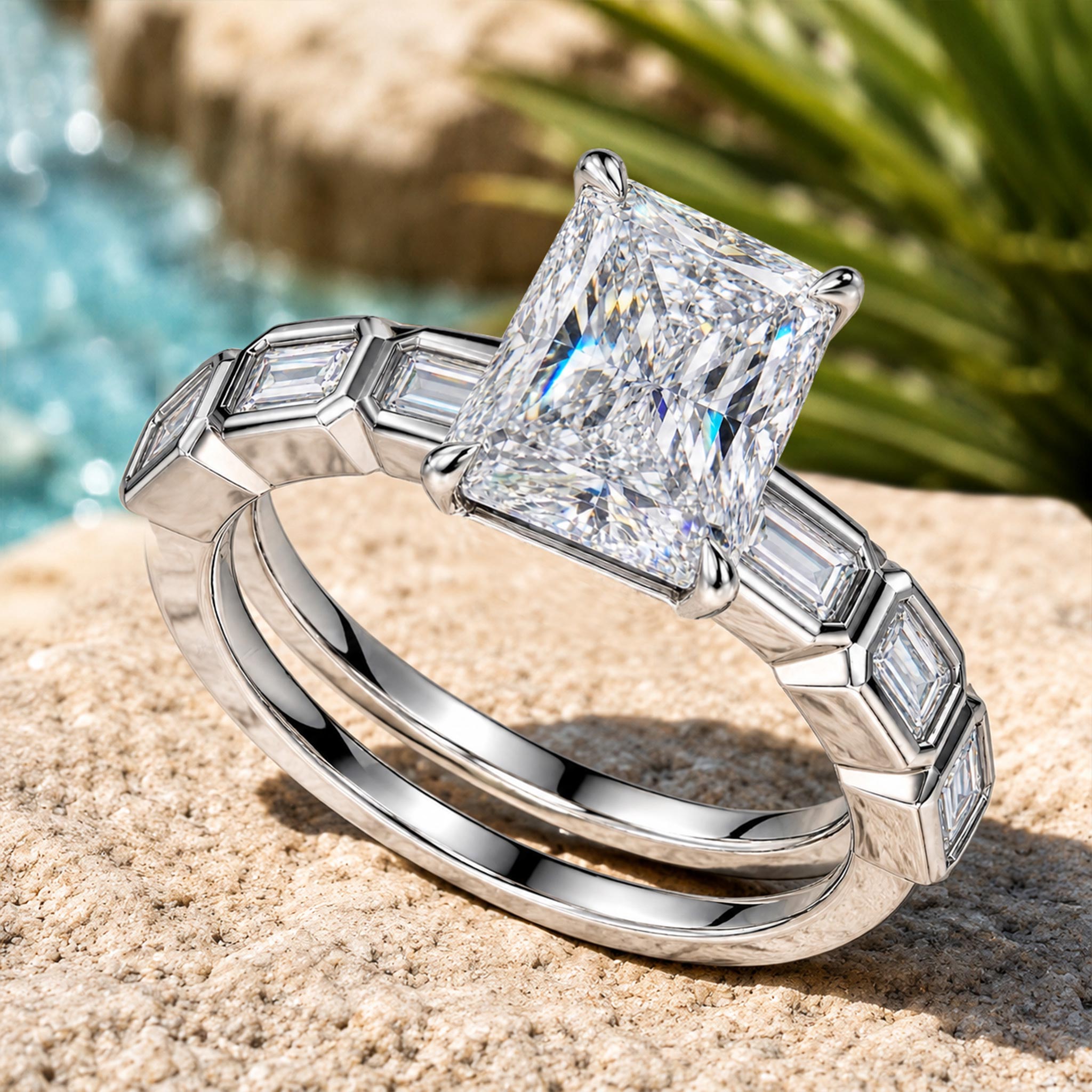 Hidden Halo Art Deco Design Radiant Cut Moissanite Pave Shank Bridal Set With Baguette Cut Round Cut Accent Stones #MCBSM0023