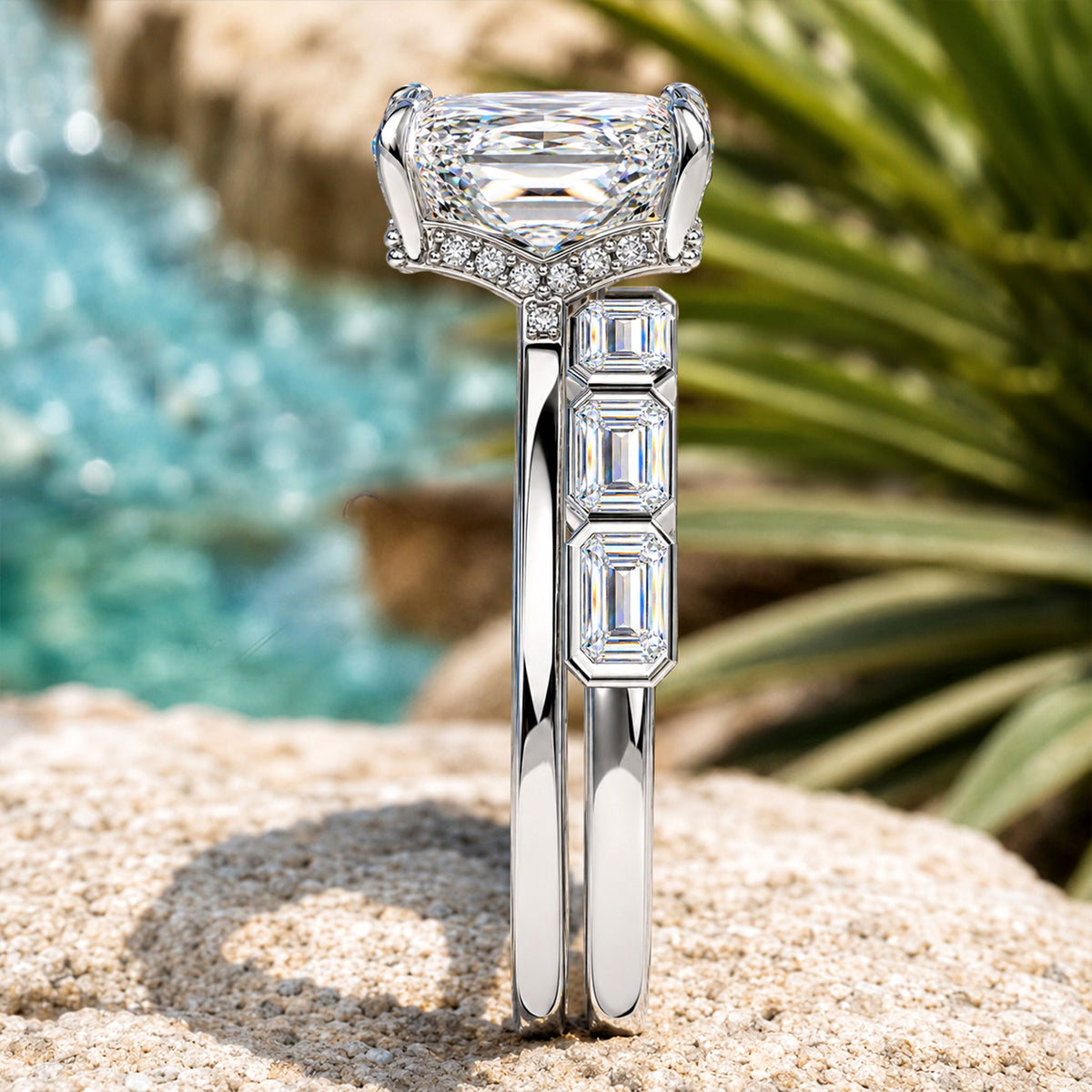 Hidden Halo Art Deco Design Radiant Cut Moissanite Pave Shank Bridal Set With Baguette Cut Round Cut Accent Stones #MCBSM0023