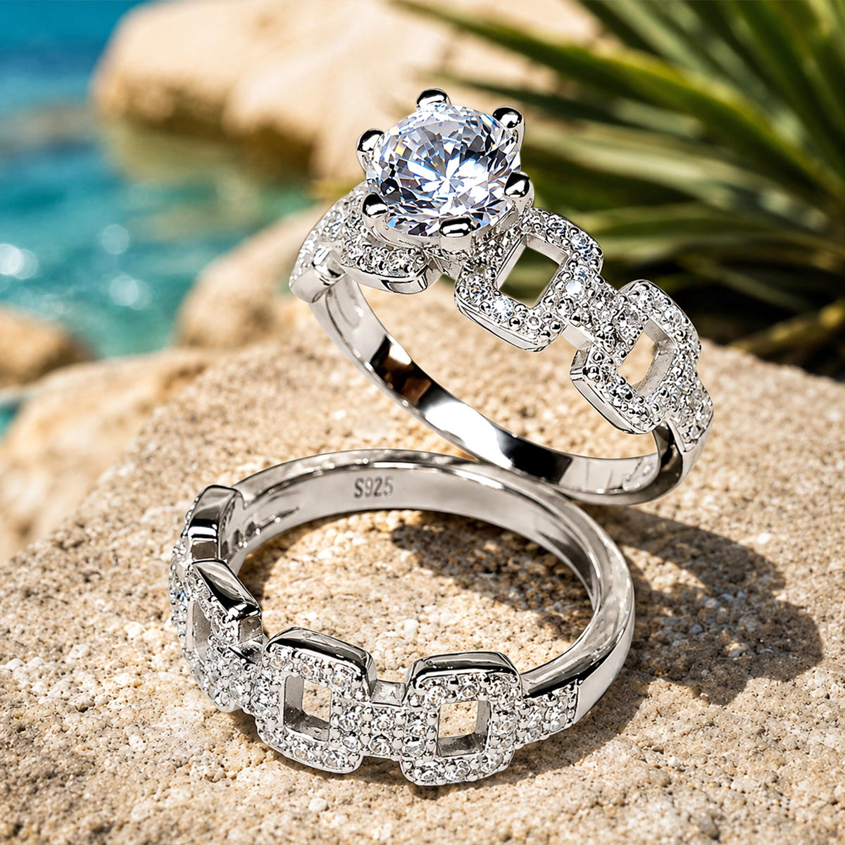 Art Deco Design Round Cut Moissanite Standard Basket Bridal Set With Round Cut Accent Stones #MCBSM0027
