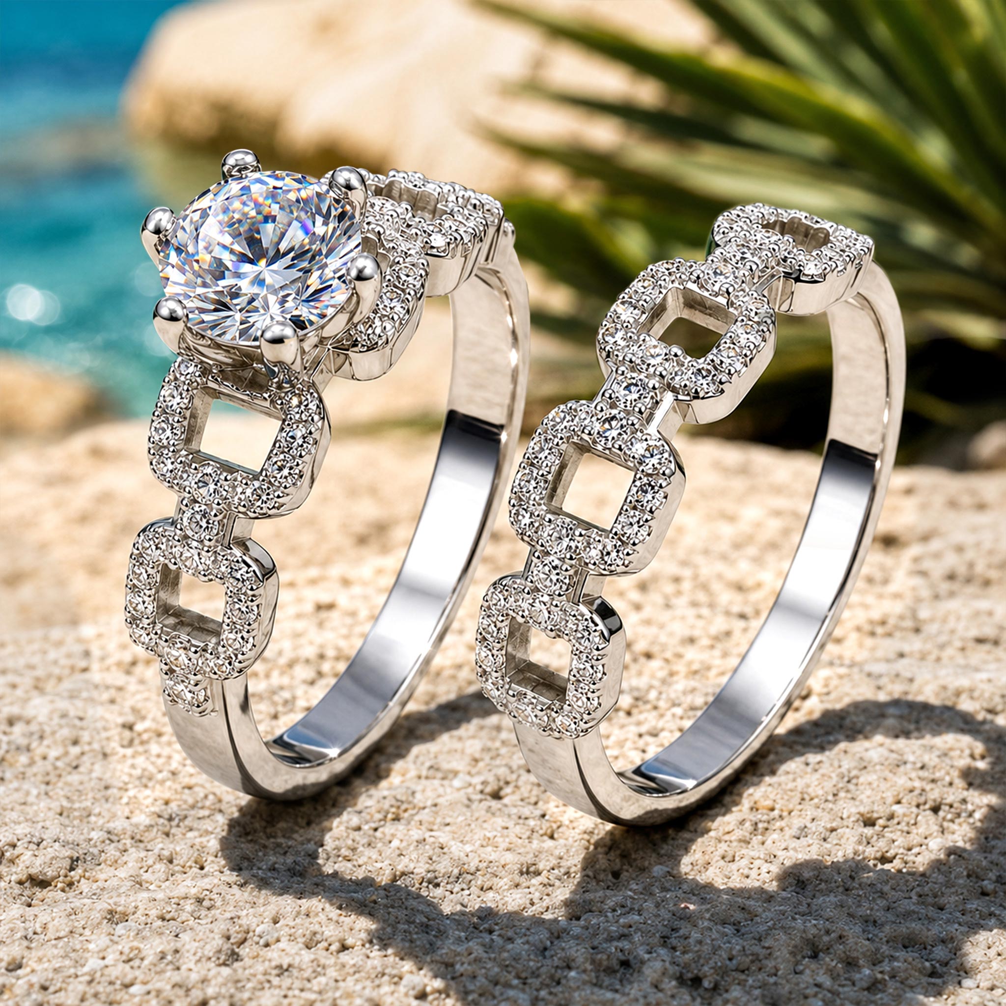 Art Deco Design Round Cut Moissanite Standard Basket Bridal Set With Round Cut Accent Stones #MCBSM0027
