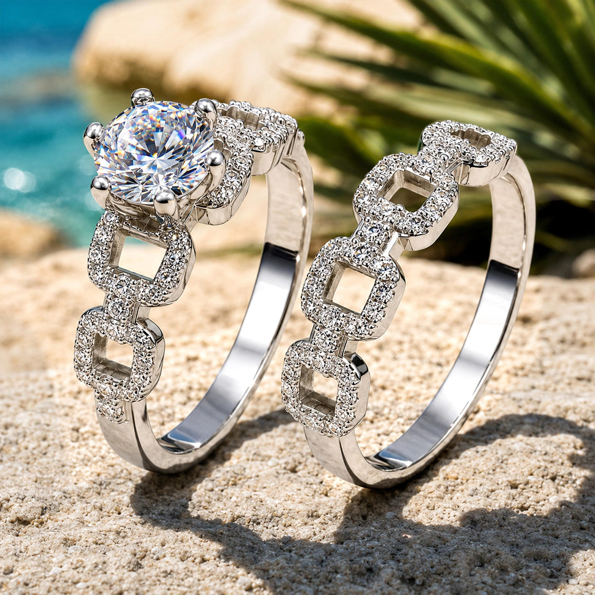 Art Deco Design Round Cut Moissanite Standard Basket Bridal Set With Round Cut Accent Stones #MCBSM0027