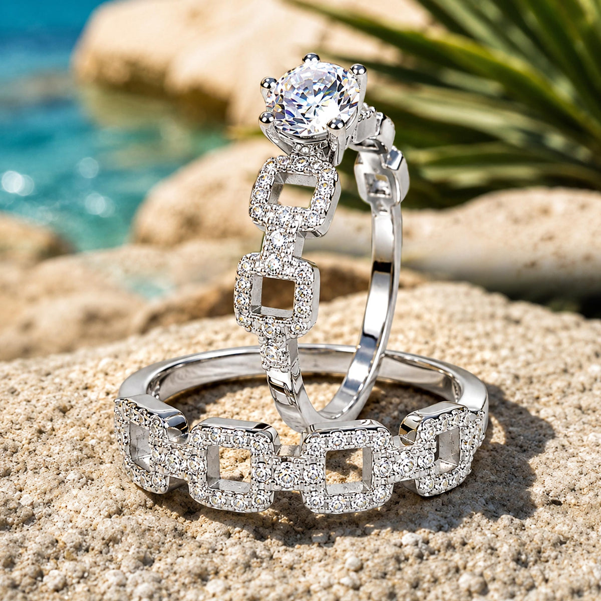 Art Deco Design Round Cut Moissanite Standard Basket Bridal Set With Round Cut Accent Stones #MCBSM0027