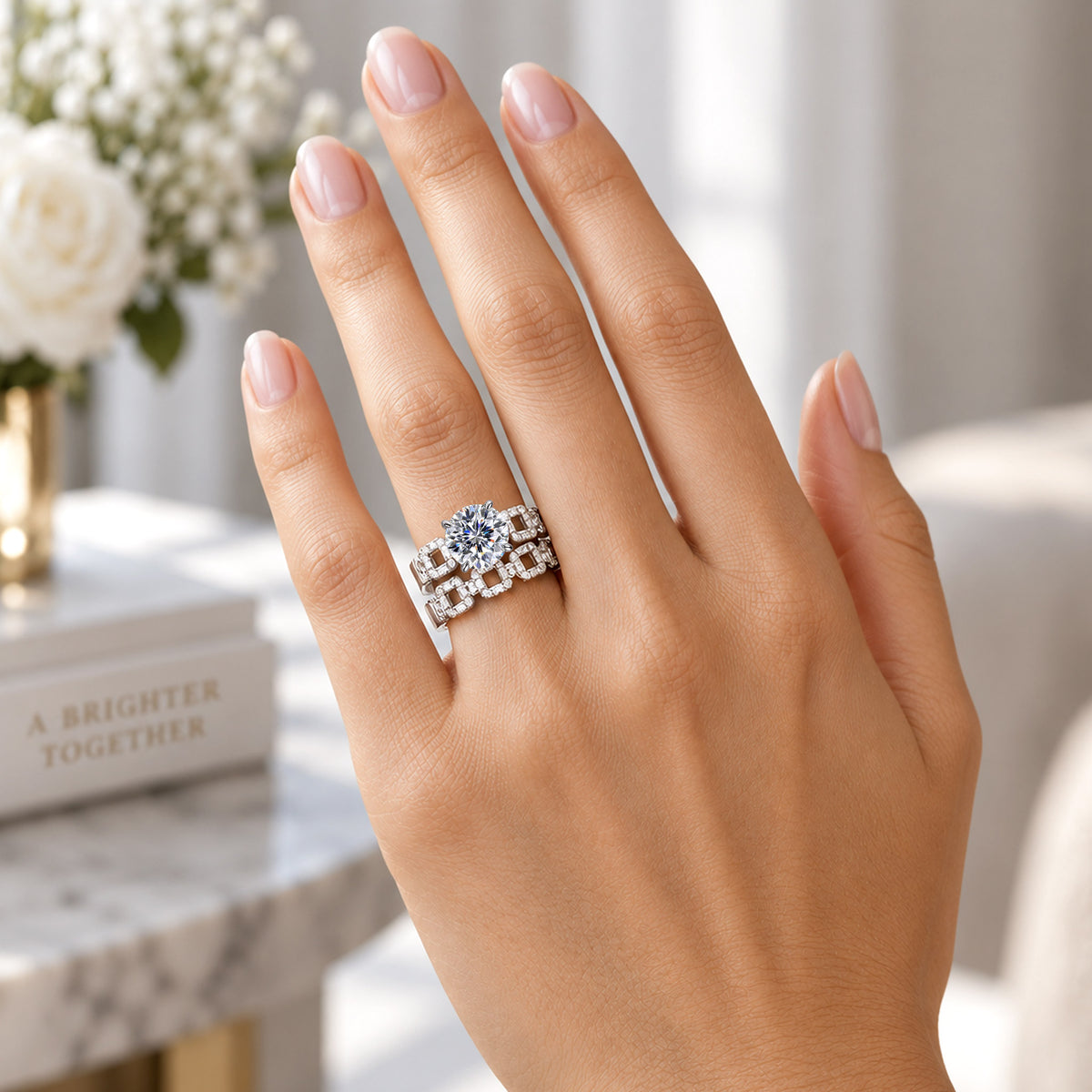 Art Deco Design Round Cut Moissanite Standard Basket Bridal Set With Round Cut Accent Stones #MCBSM0027