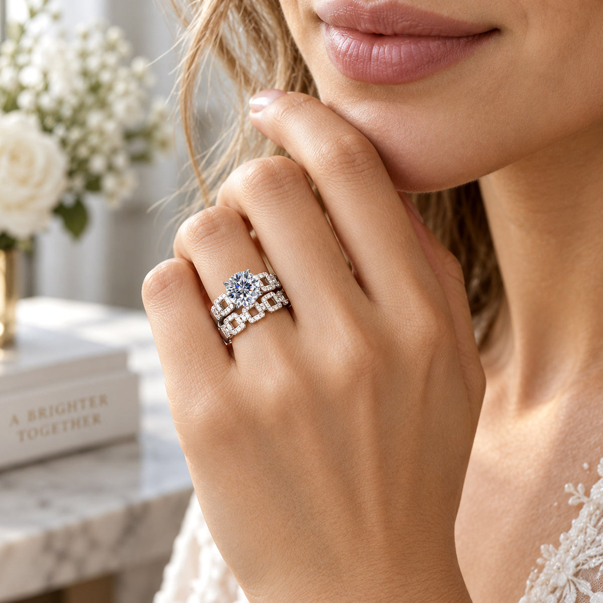 Art Deco Design Round Cut Moissanite Standard Basket Bridal Set With Round Cut Accent Stones #MCBSM0027