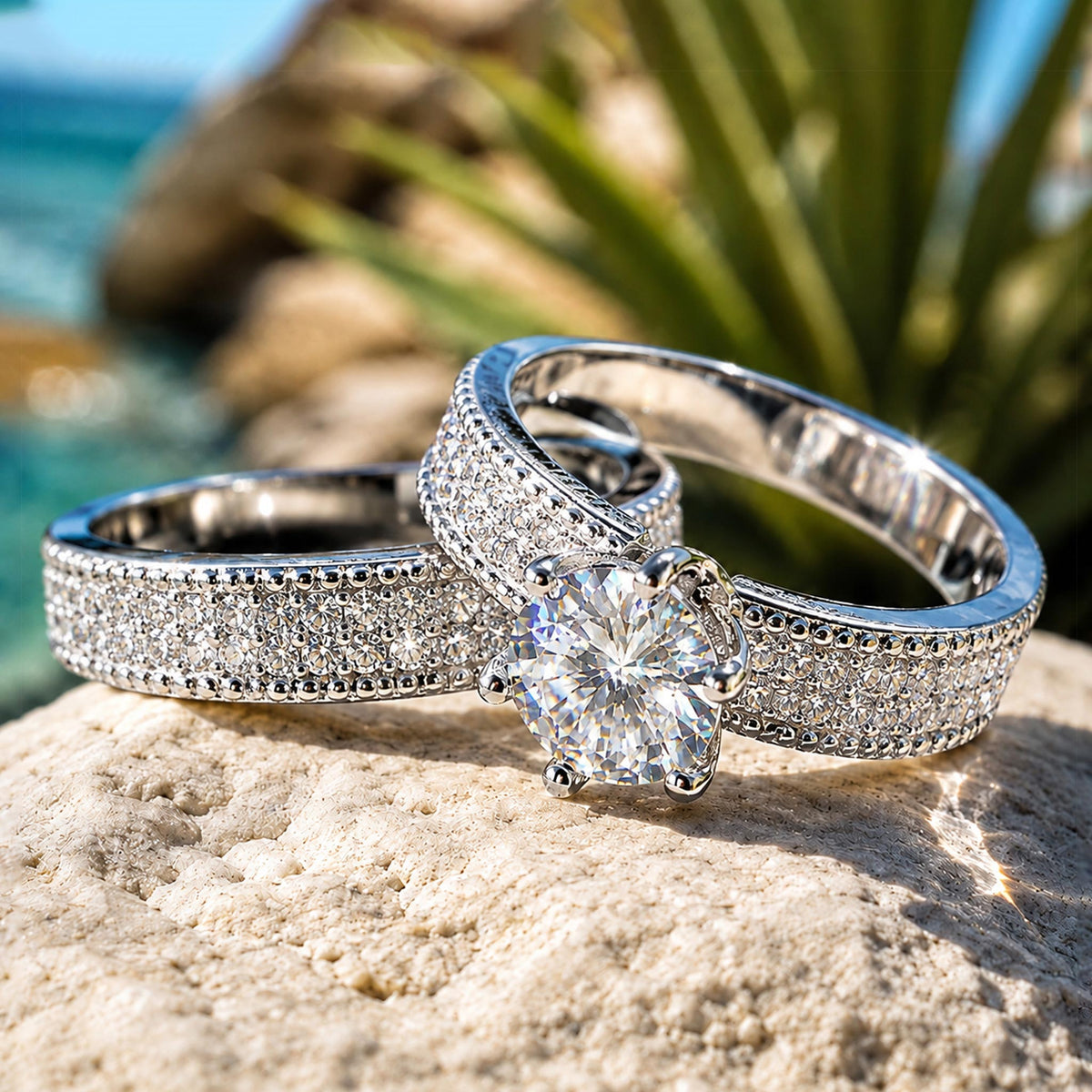 Modern Design Round Cut Moissanite Standard Basket Pave Shank Bridal Set With Round Cut Accent Stones #MCBSM0028