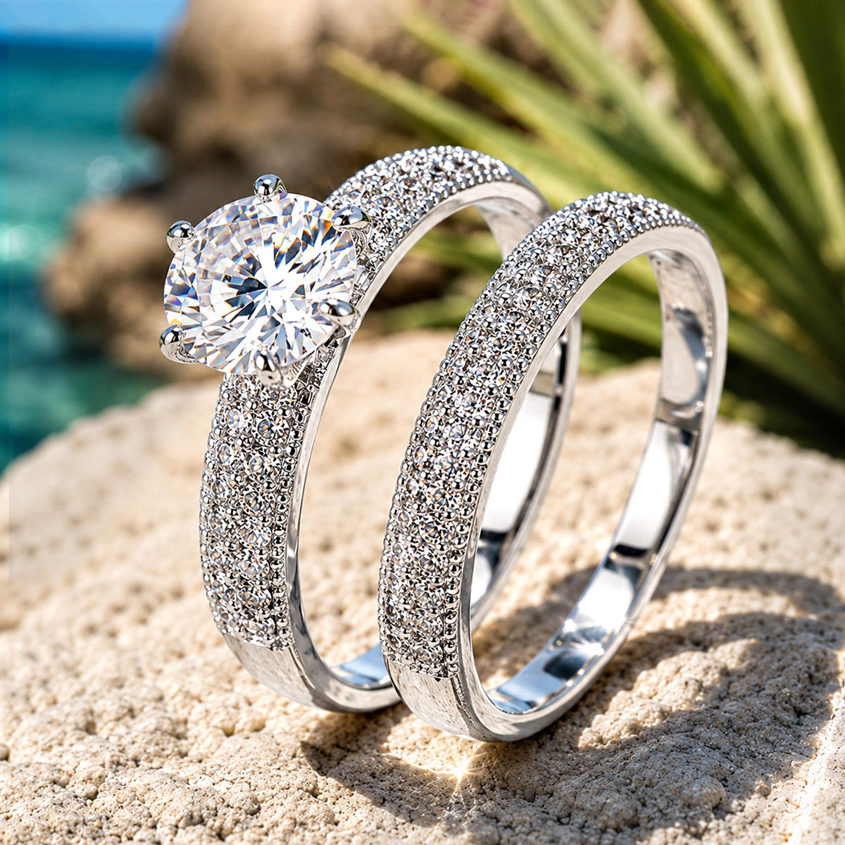 Modern Design Round Cut Moissanite Standard Basket Pave Shank Bridal Set With Round Cut Accent Stones #MCBSM0028
