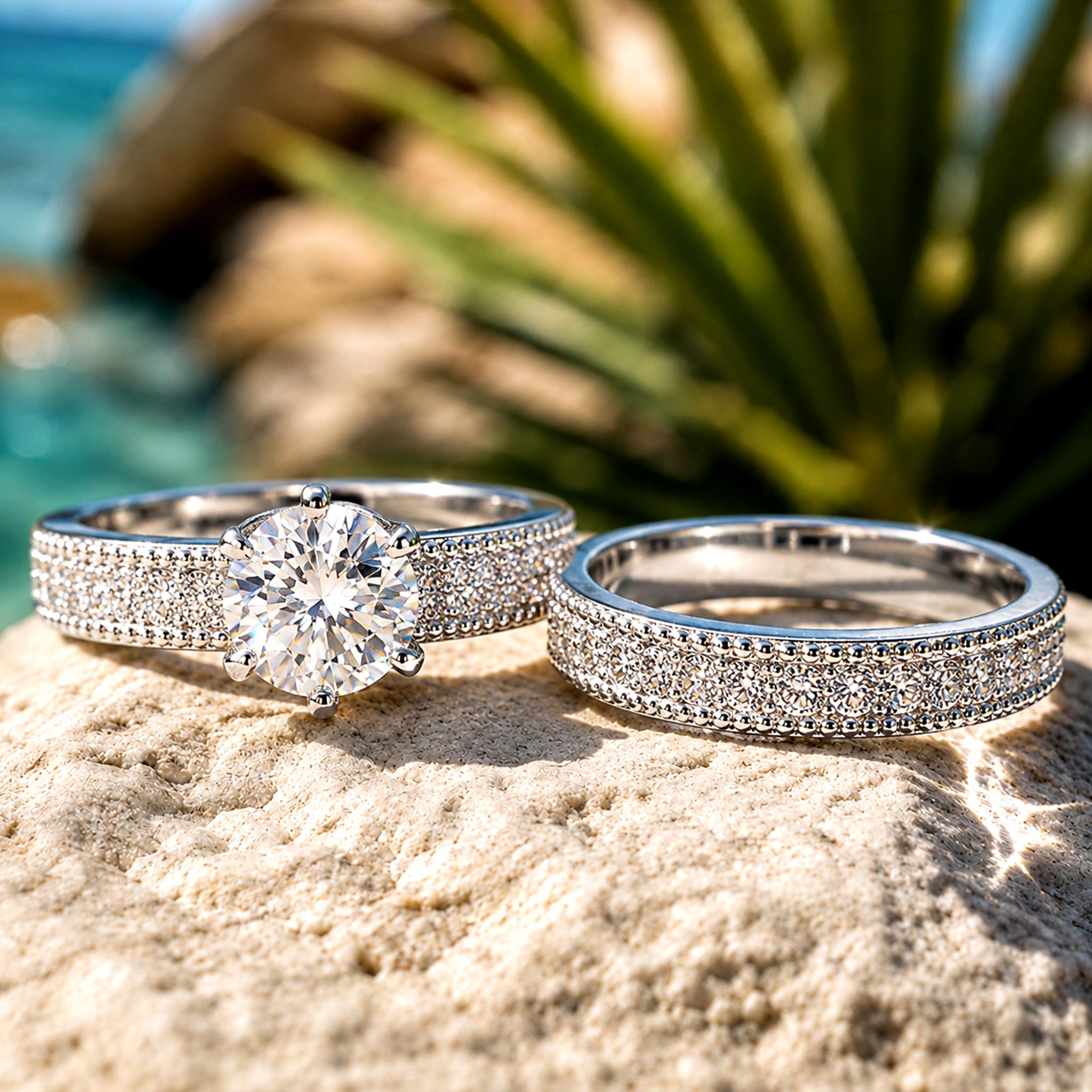 Modern Design Round Cut Moissanite Standard Basket Pave Shank Bridal Set With Round Cut Accent Stones #MCBSM0028