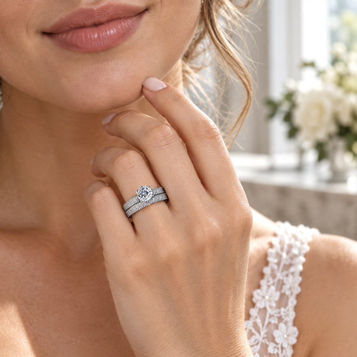 Modern Design Round Cut Moissanite Standard Basket Pave Shank Bridal Set With Round Cut Accent Stones #MCBSM0028