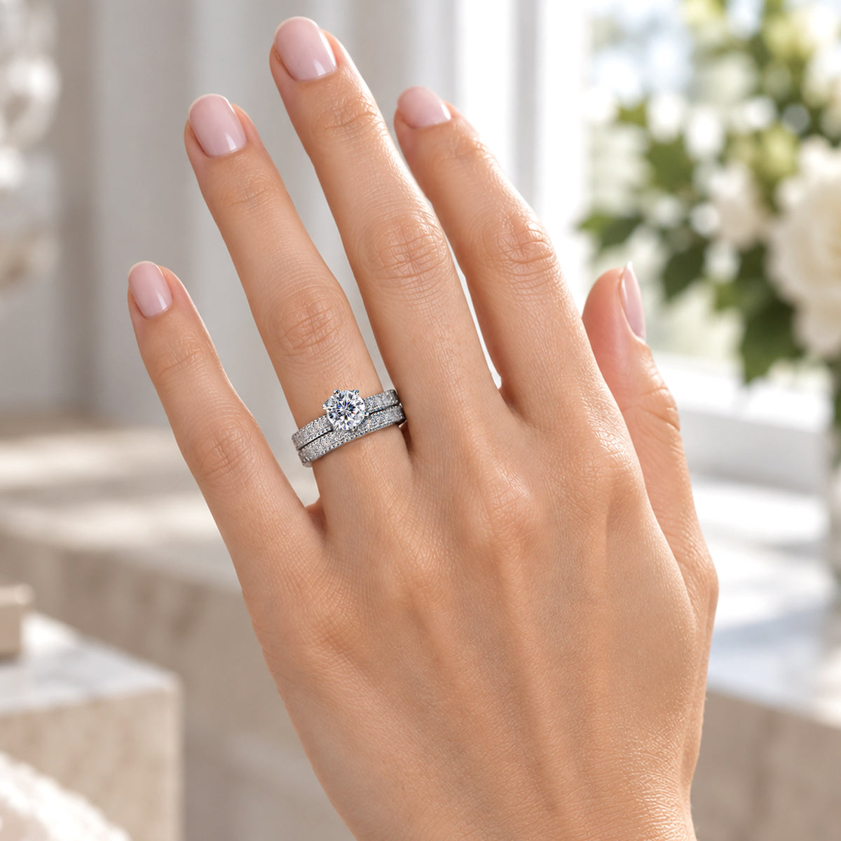 Modern Design Round Cut Moissanite Standard Basket Pave Shank Bridal Set With Round Cut Accent Stones #MCBSM0028