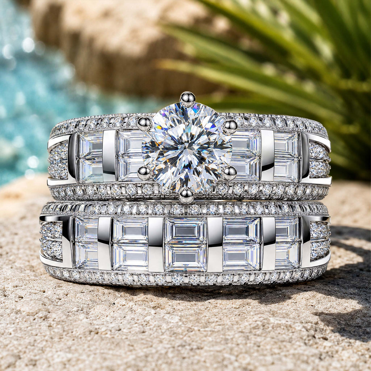 Art Deco Design Round Cut Moissanite Standard Basket Pave Shank Milgrain Bridal Set With Round Cut Baguette Cut Accent Stones #MCBSM0029