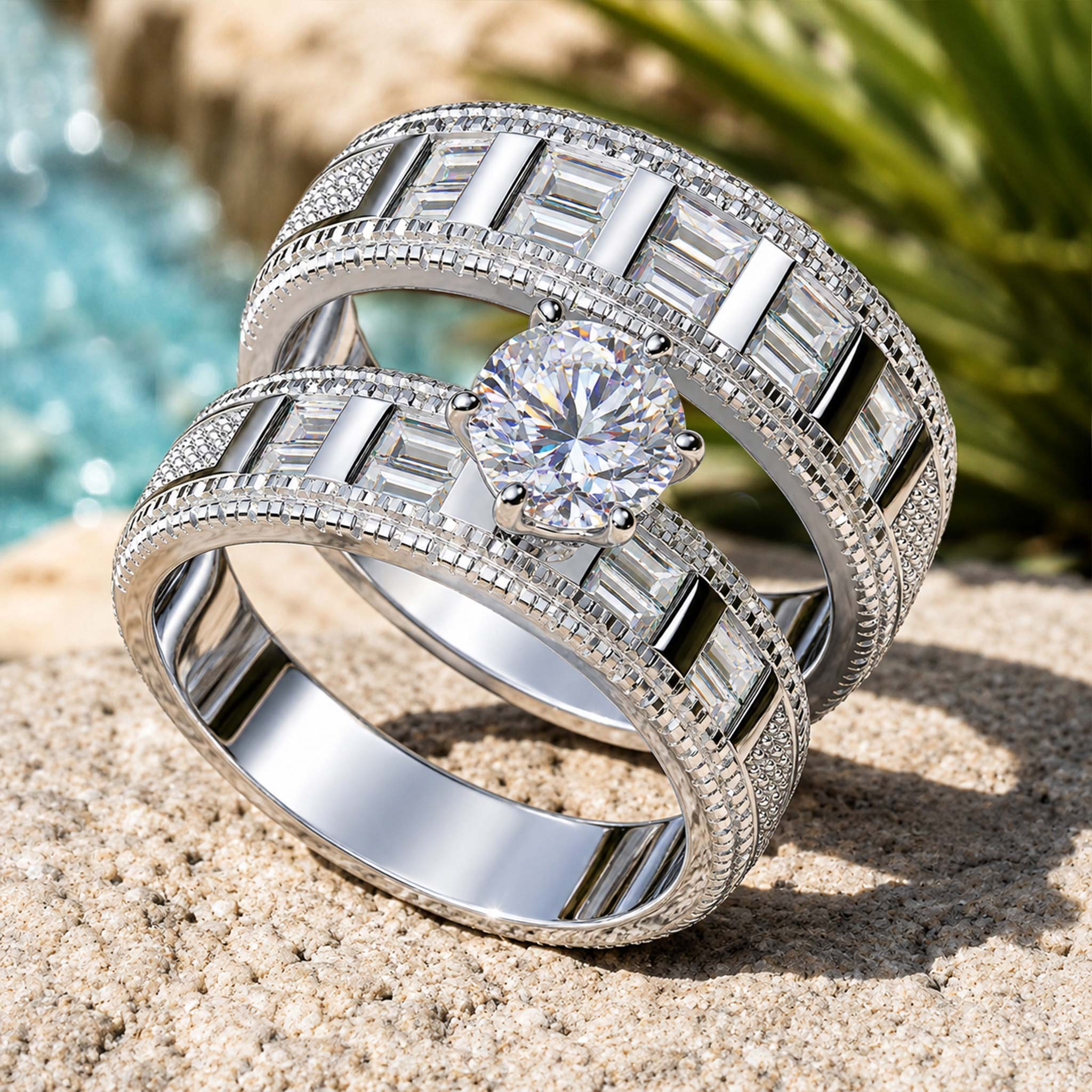Art Deco Design Round Cut Moissanite Standard Basket Pave Shank Milgrain Bridal Set With Round Cut Baguette Cut Accent Stones #MCBSM0029