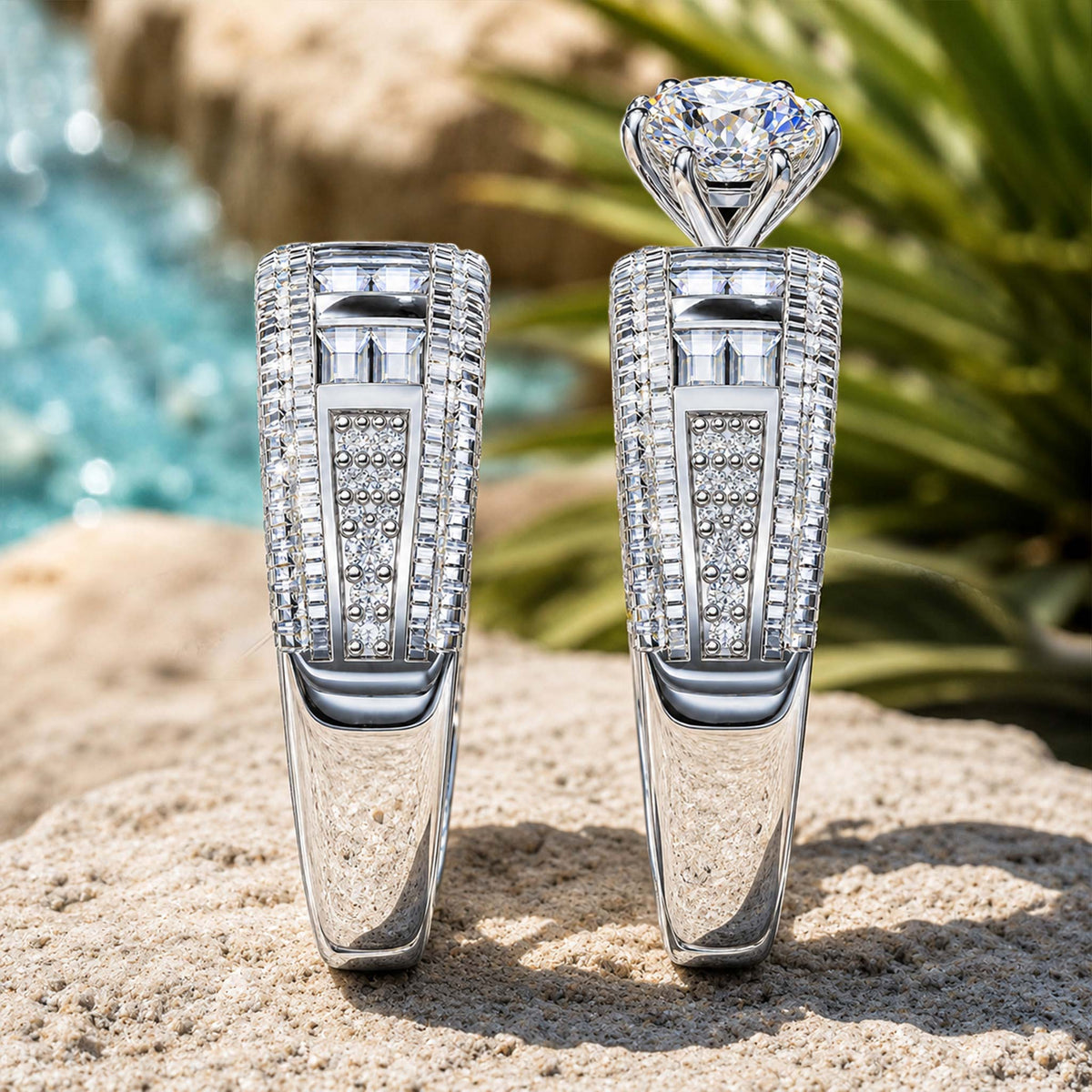 Art Deco Design Round Cut Moissanite Standard Basket Pave Shank Milgrain Bridal Set With Round Cut Baguette Cut Accent Stones #MCBSM0029