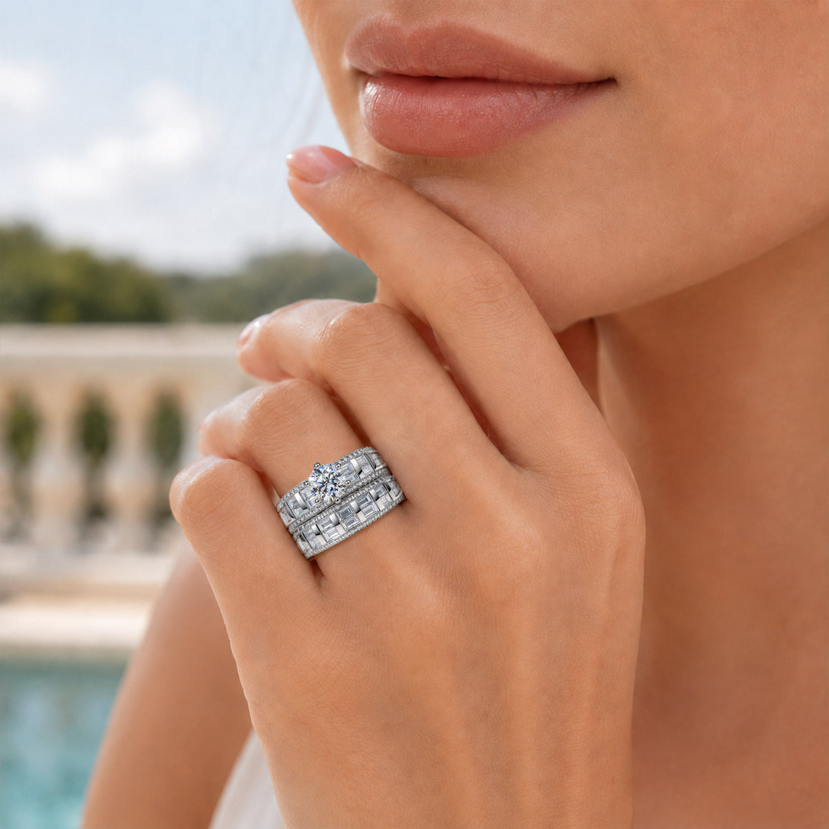 Art Deco Design Round Cut Moissanite Standard Basket Pave Shank Milgrain Bridal Set With Round Cut Baguette Cut Accent Stones #MCBSM0029