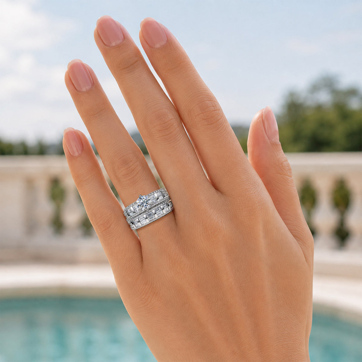 Art Deco Design Round Cut Moissanite Standard Basket Pave Shank Milgrain Bridal Set With Round Cut Baguette Cut Accent Stones #MCBSM0029