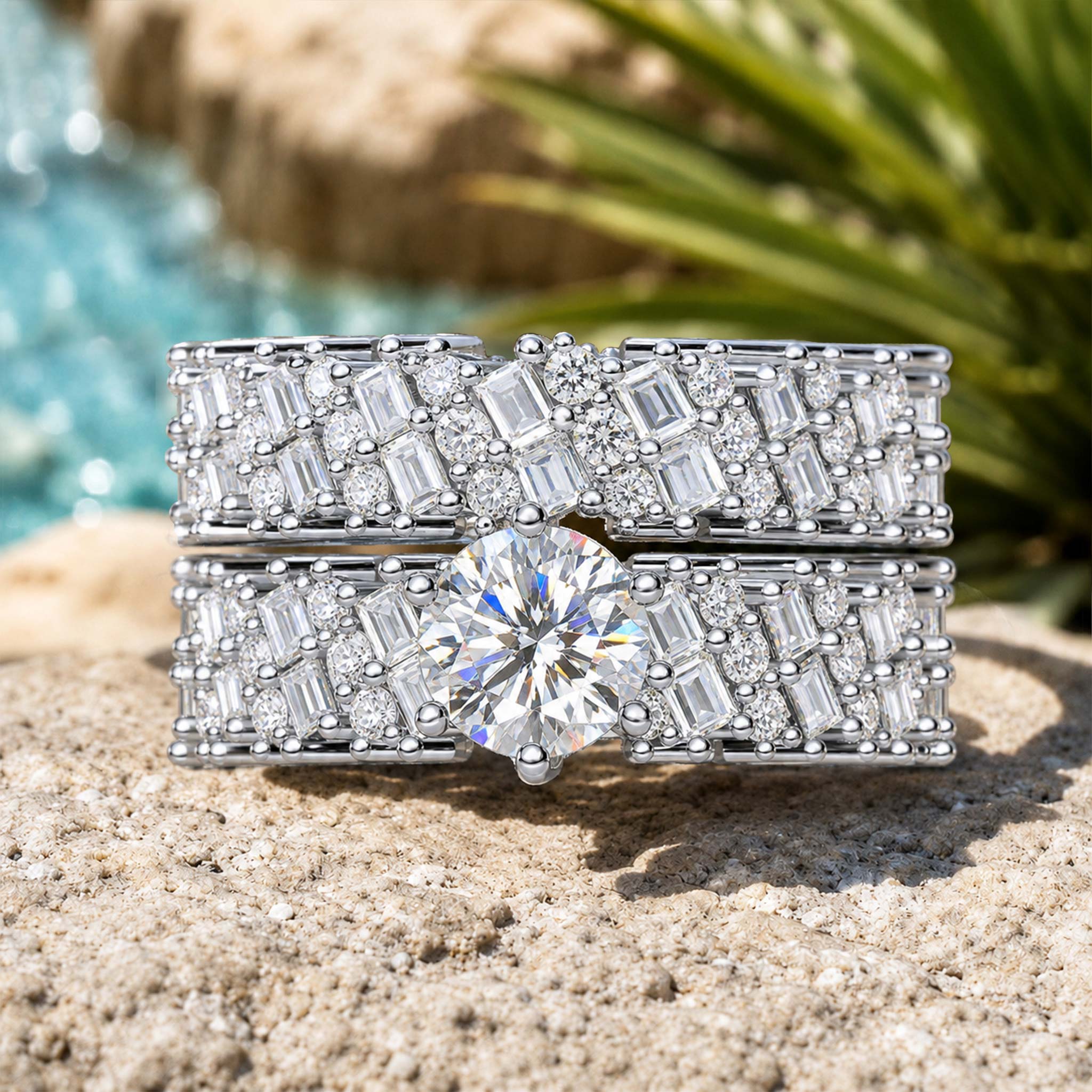Art Deco Design Round Cut Moissanite Standard Basket Pave Shank Bridal Set With Round Cut Baguette Cut Accent Stones #MCBSM0030