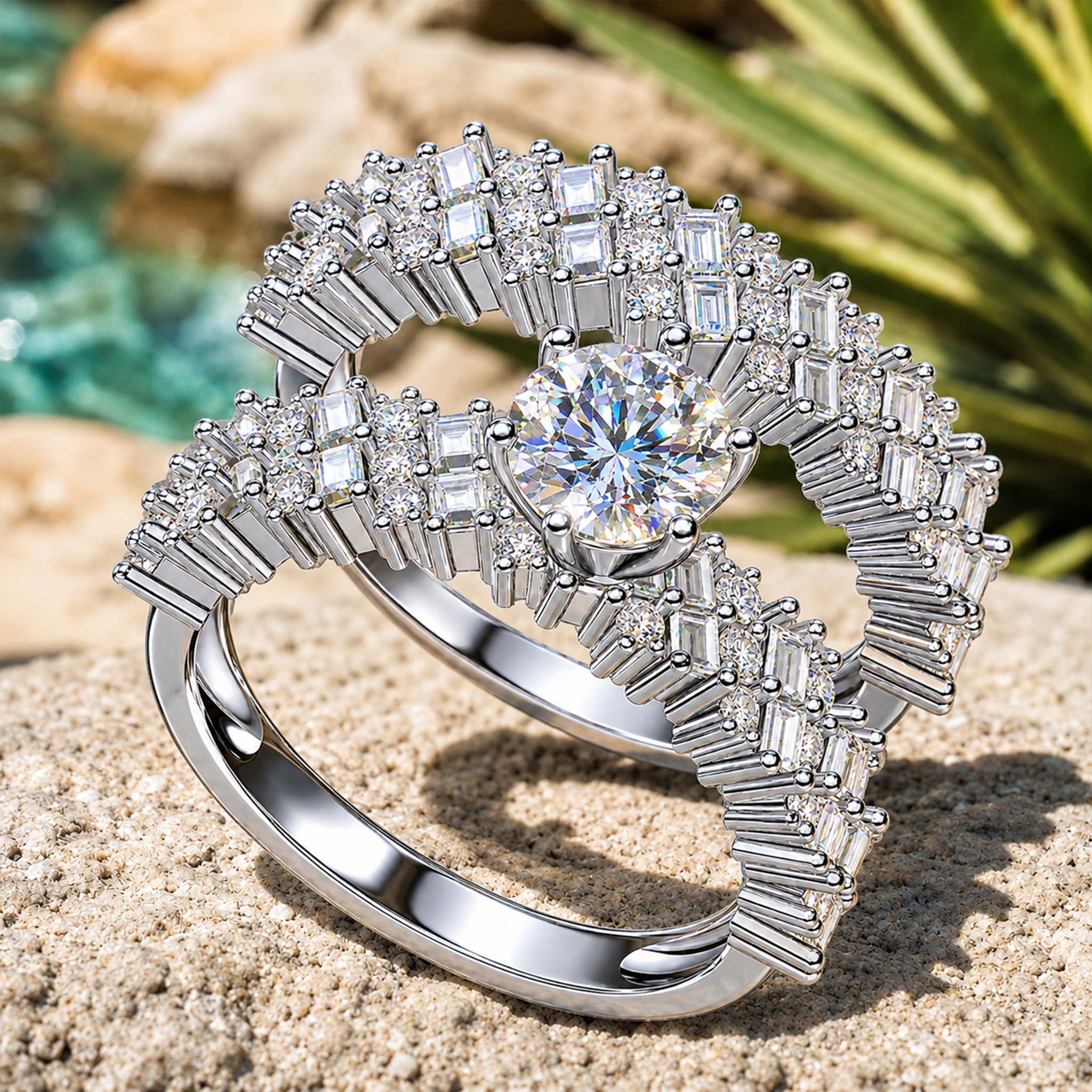 Art Deco Design Round Cut Moissanite Standard Basket Pave Shank Bridal Set With Round Cut Baguette Cut Accent Stones #MCBSM0030