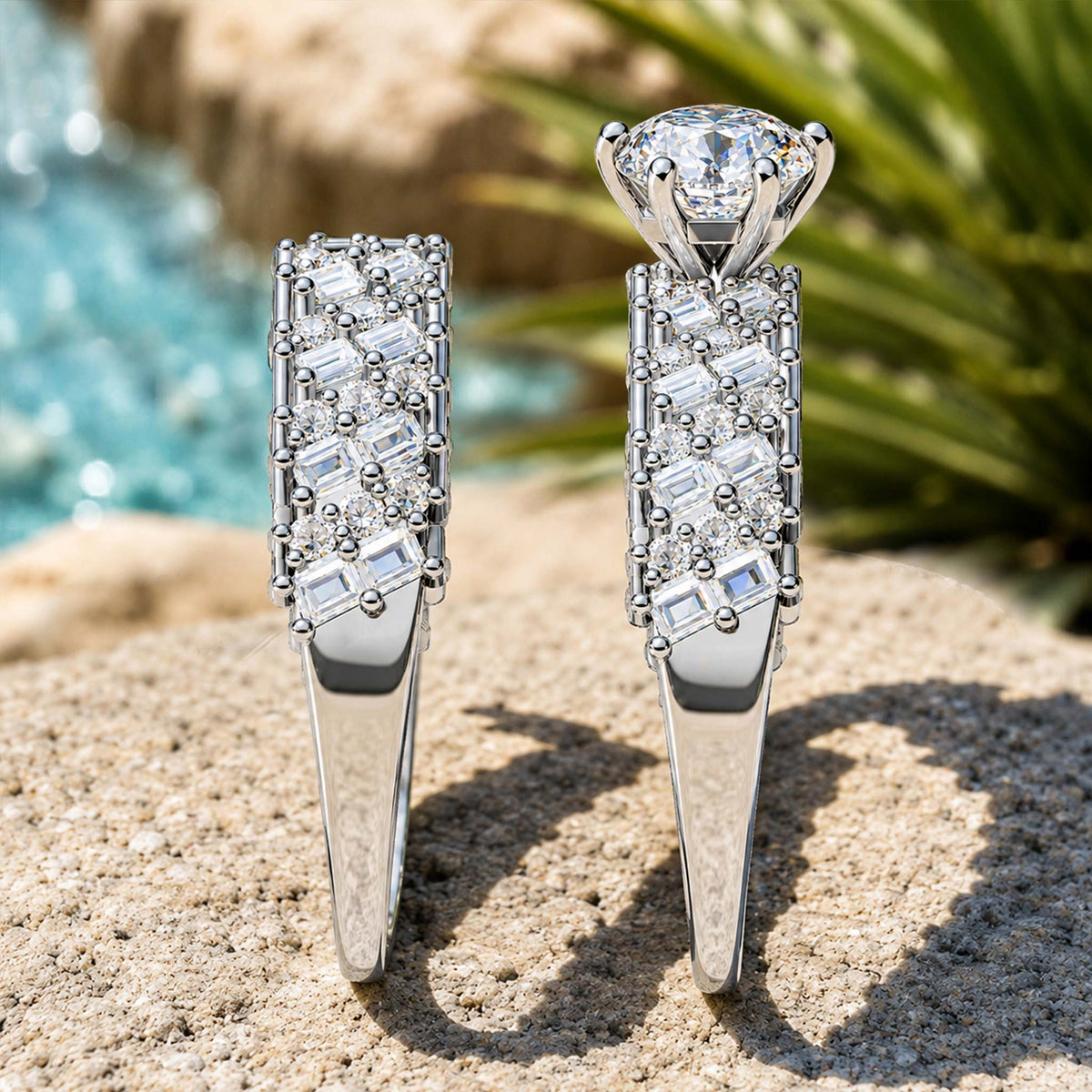 Art Deco Design Round Cut Moissanite Standard Basket Pave Shank Bridal Set With Round Cut Baguette Cut Accent Stones #MCBSM0030