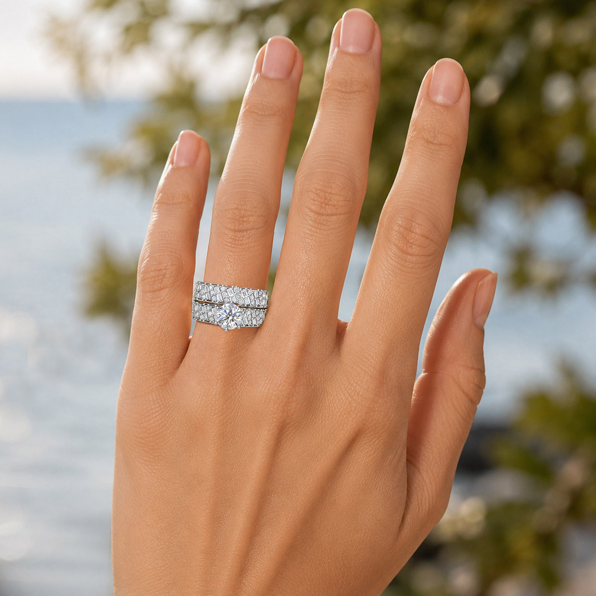 Art Deco Design Round Cut Moissanite Standard Basket Pave Shank Bridal Set With Round Cut Baguette Cut Accent Stones #MCBSM0030