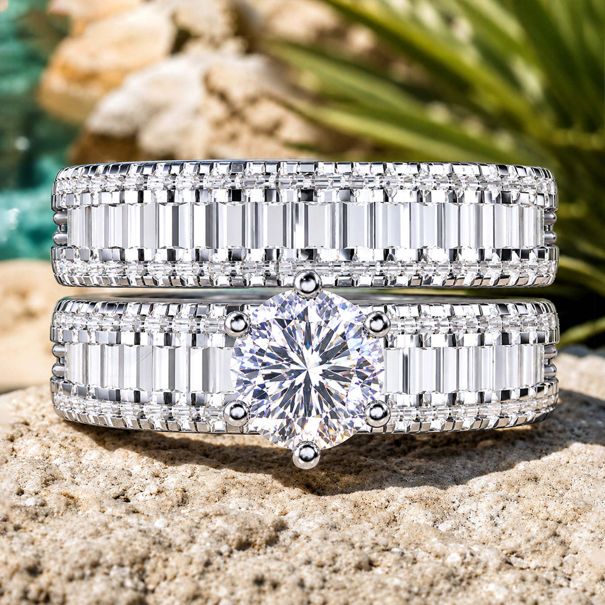 Art Deco Design Round Cut Moissanite Standard Basket Tapered Shank Bridal Set With Round Cut Accent Stones #MCBSM0031