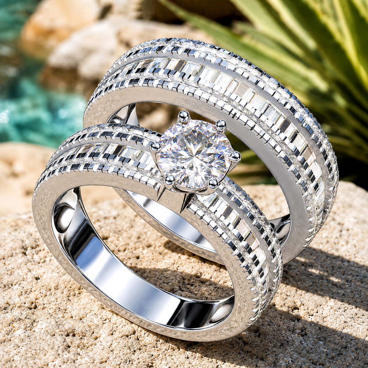 Art Deco Design Round Cut Moissanite Standard Basket Tapered Shank Bridal Set With Round Cut Accent Stones #MCBSM0031
