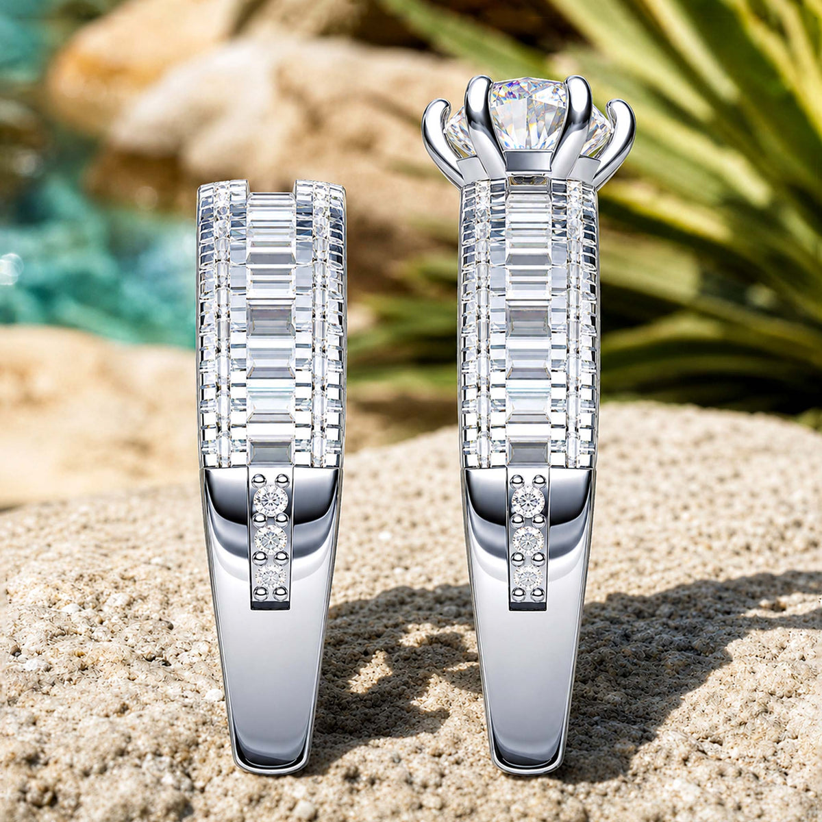 Art Deco Design Round Cut Moissanite Standard Basket Tapered Shank Bridal Set With Round Cut Accent Stones #MCBSM0031