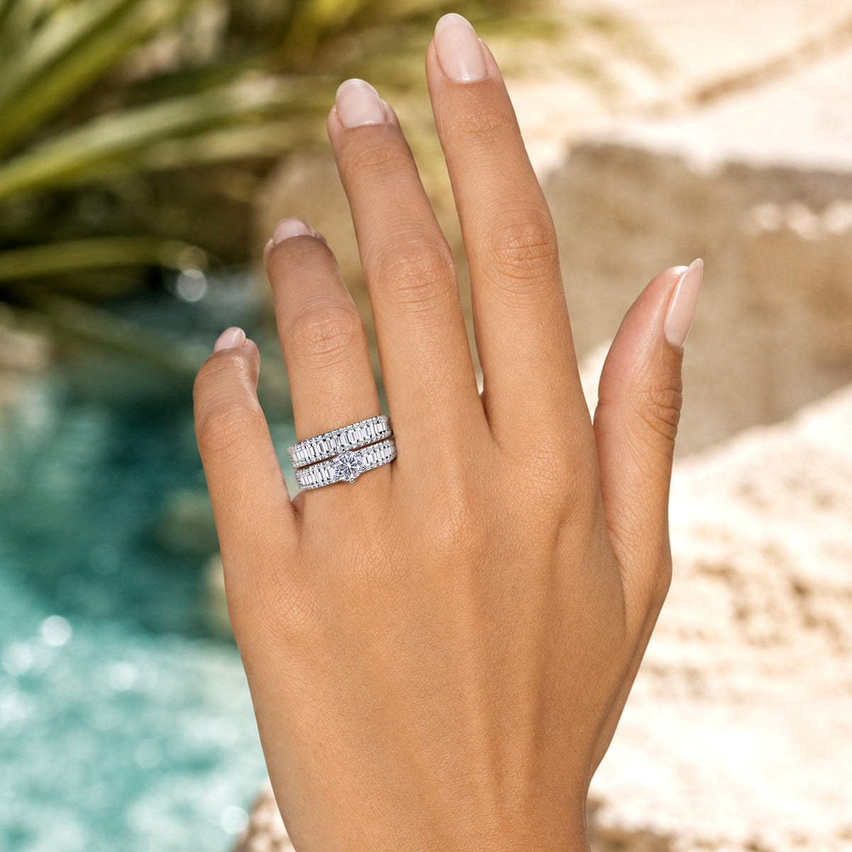Art Deco Design Round Cut Moissanite Standard Basket Tapered Shank Bridal Set With Round Cut Accent Stones #MCBSM0031