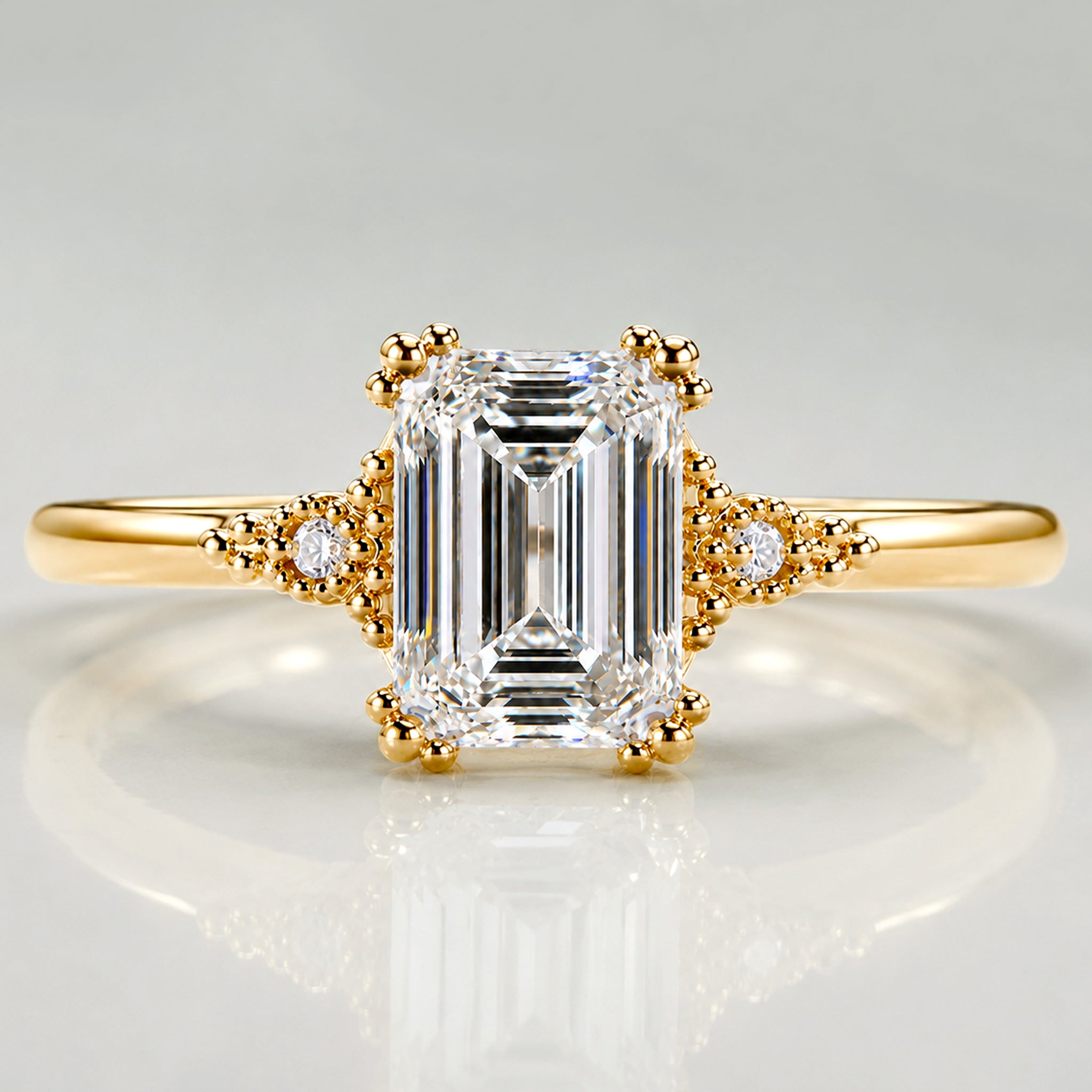 Vintage Art Deco Design Emerald Cut Lab Grown Diamond Cathedral Basket Tapered Shank Polished Engagement Rings With Round Cut Accent Diamonds #MCERL0001