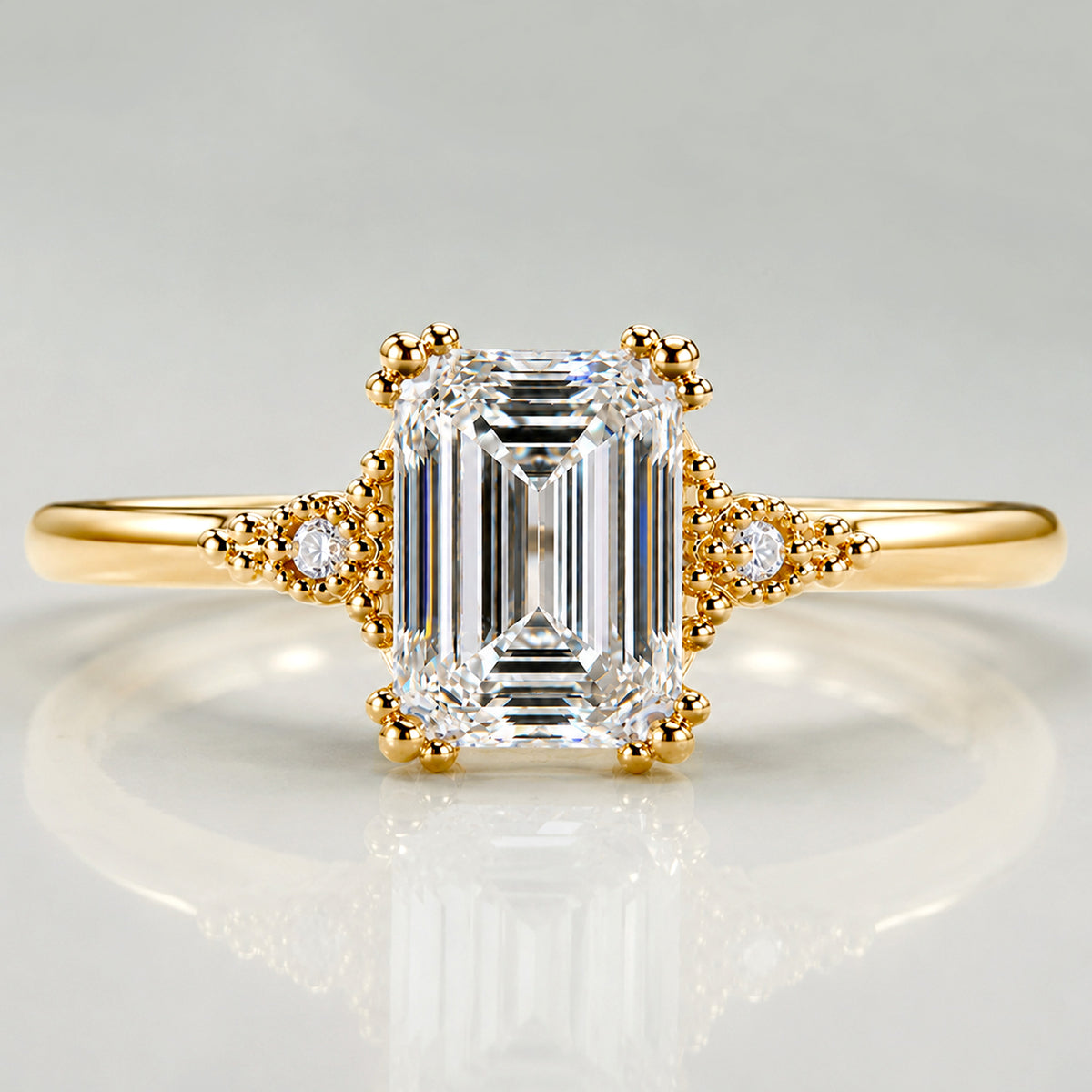Vintage Art Deco Design Emerald Cut Lab Grown Diamond Cathedral Basket Tapered Shank Polished Engagement Rings With Round Cut Accent Diamonds #MCERL0001