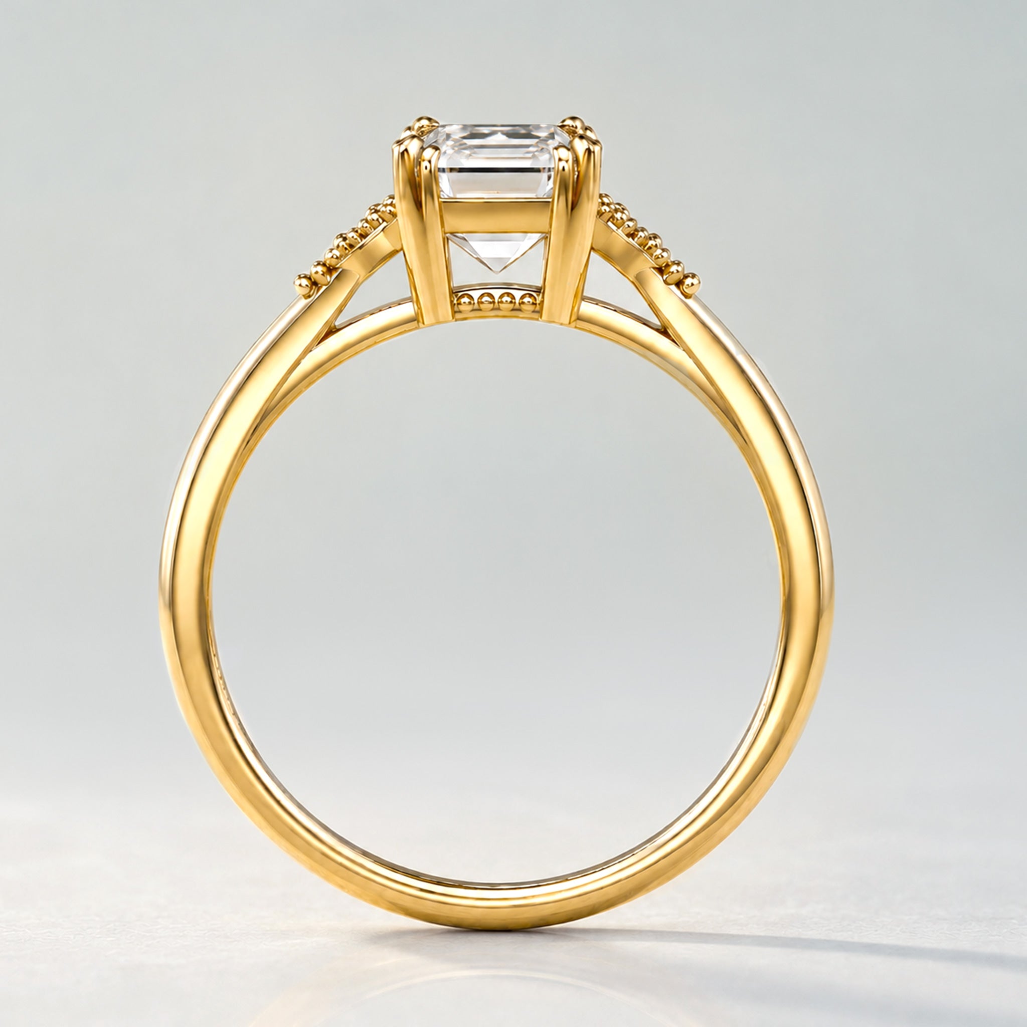Vintage Art Deco Design Emerald Cut Lab Grown Diamond Cathedral Basket Tapered Shank Polished Engagement Rings With Round Cut Accent Diamonds #MCERL0001