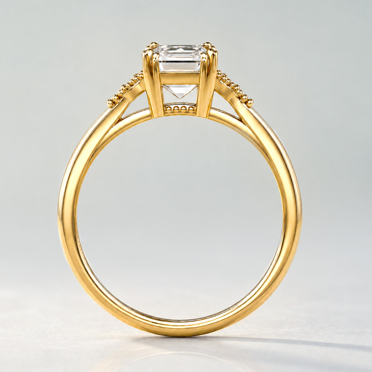 Vintage Art Deco Design Emerald Cut Lab Grown Diamond Cathedral Basket Tapered Shank Polished Engagement Rings With Round Cut Accent Diamonds #MCERL0001