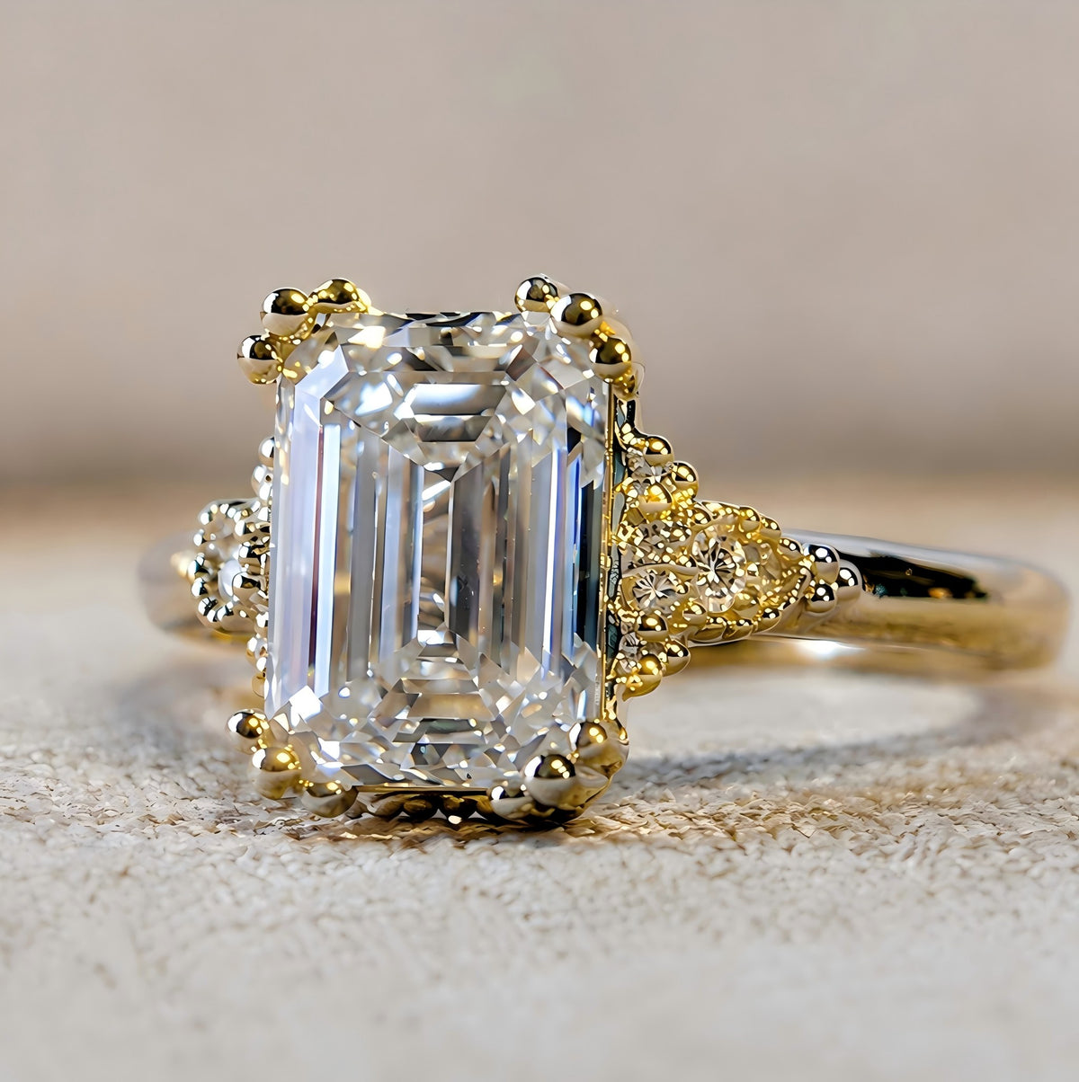 Vintage Art Deco Design Emerald Cut Lab Grown Diamond Cathedral Basket Tapered Shank Polished Engagement Rings With Round Cut Accent Diamonds #MCERL0001