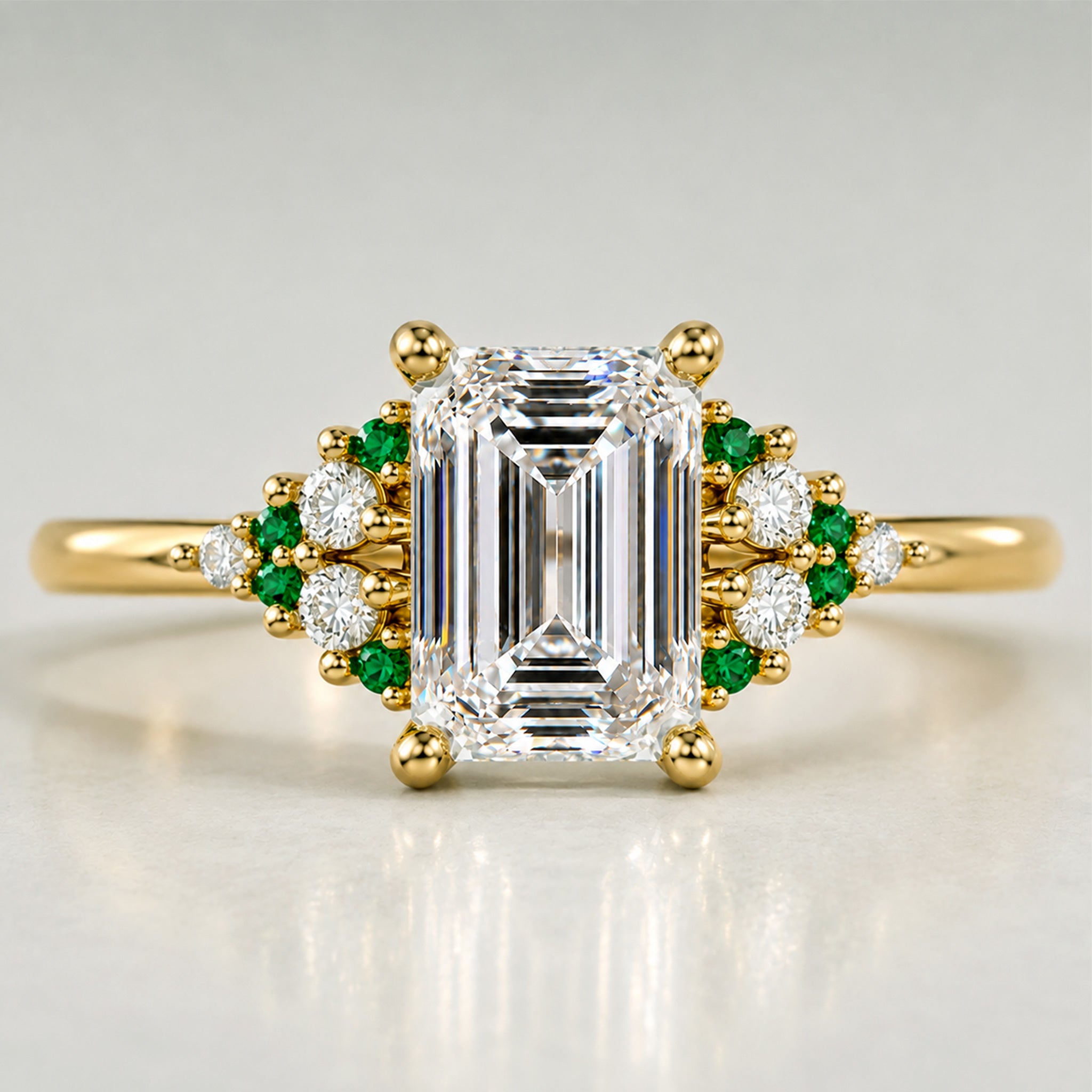 Art Deco Design Emerald Cut Lab Grown Diamond Cathedral Basket Tapered Shank Polished Engagement Rings With Round Cut Accent Diamonds And Green Emerald Side Stones #MCERL0002
