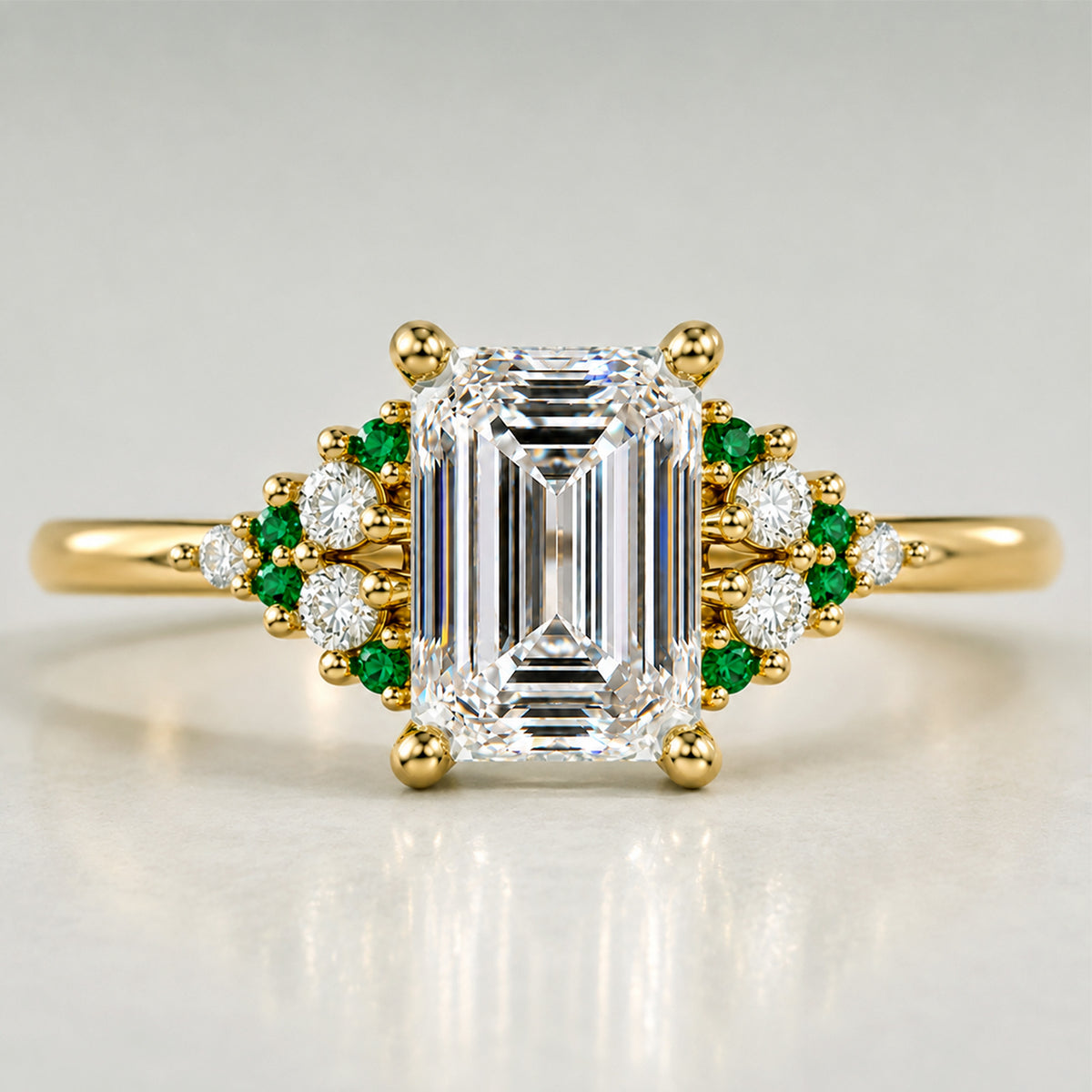Art Deco Design Emerald Cut Lab Grown Diamond Cathedral Basket Tapered Shank Polished Engagement Rings With Round Cut Accent Diamonds And Green Emerald Side Stones #MCERL0002