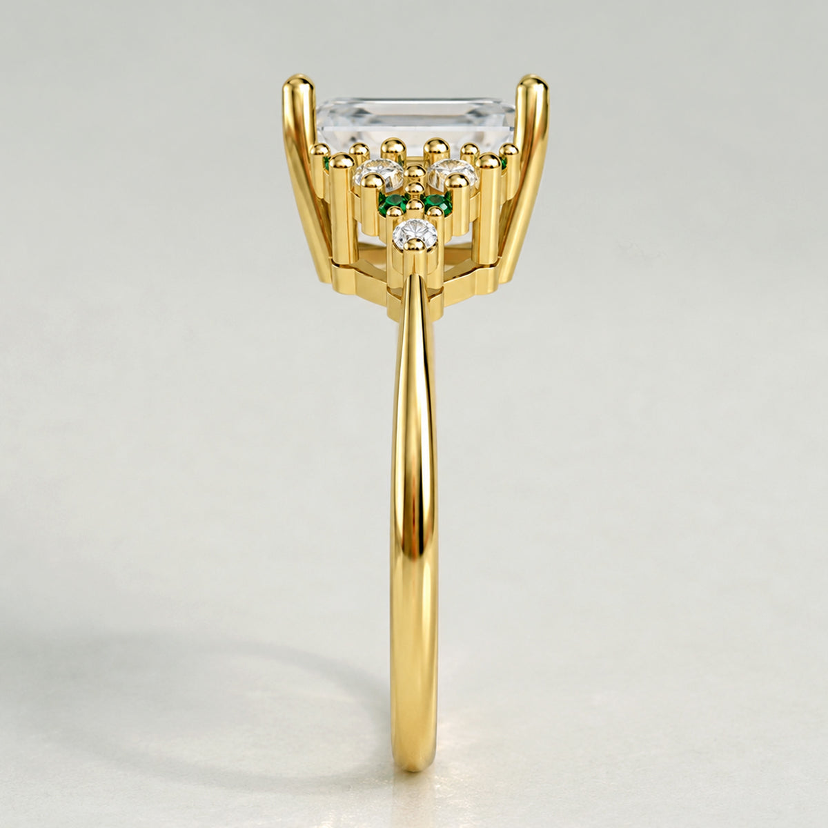 Art Deco Design Emerald Cut Lab Grown Diamond Cathedral Basket Tapered Shank Polished Engagement Rings With Round Cut Accent Diamonds And Green Emerald Side Stones #MCERL0002