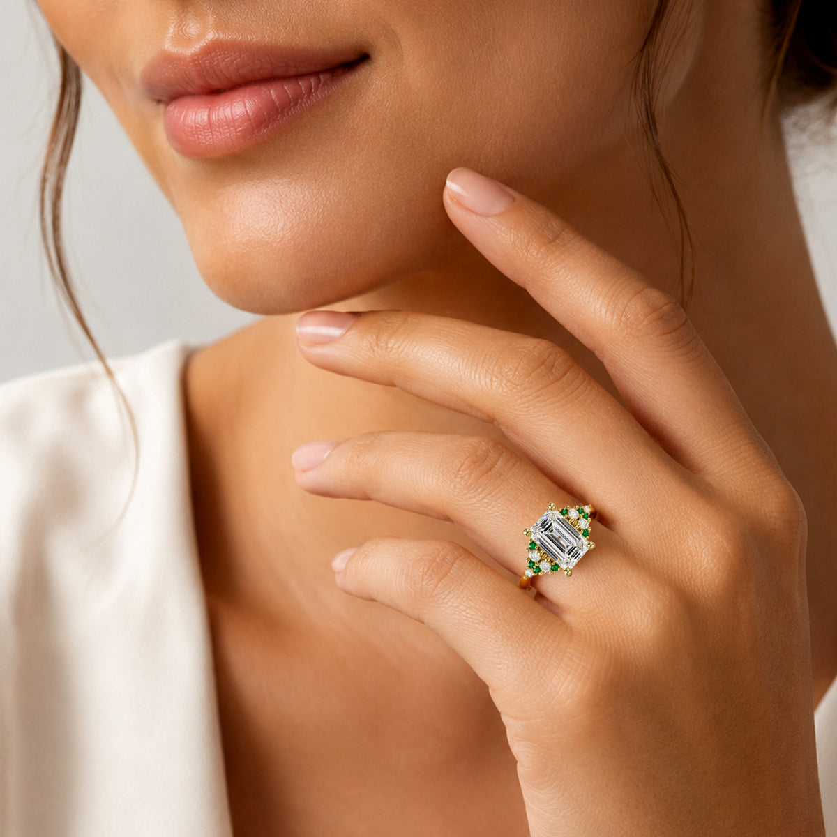 Art Deco Design Emerald Cut Lab Grown Diamond Cathedral Basket Tapered Shank Polished Engagement Rings With Round Cut Accent Diamonds And Green Emerald Side Stones #MCERL0002