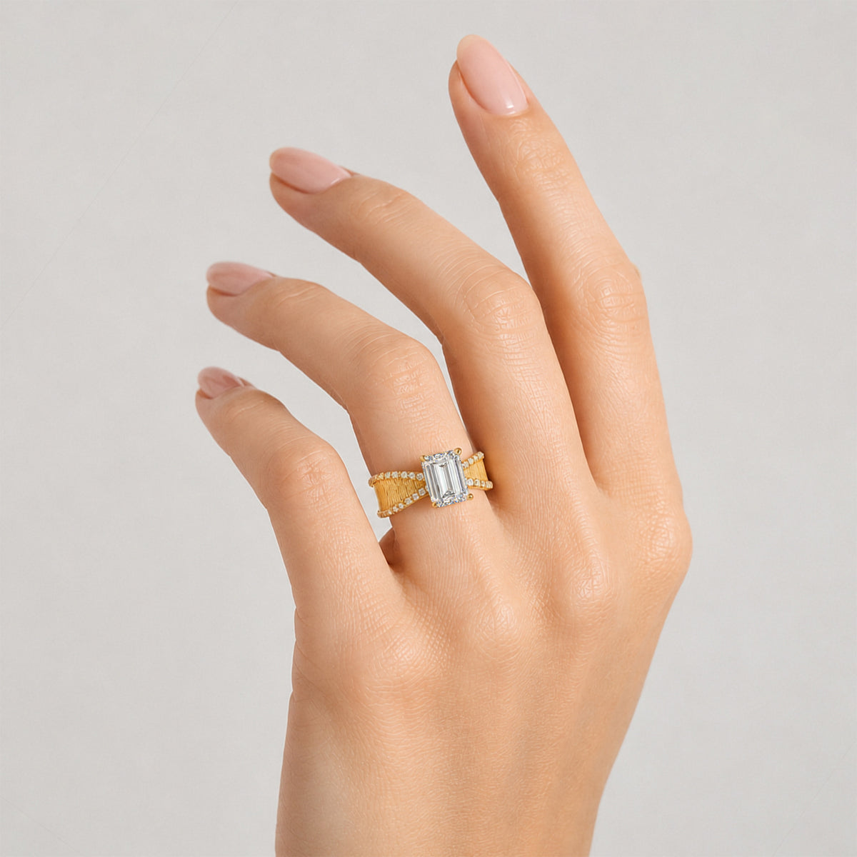 Art Deco Modern Design Emerald Cut Lab Grown Diamond Pave Tapered Shank Brushed Finish Engagement Rings #MCERL0005