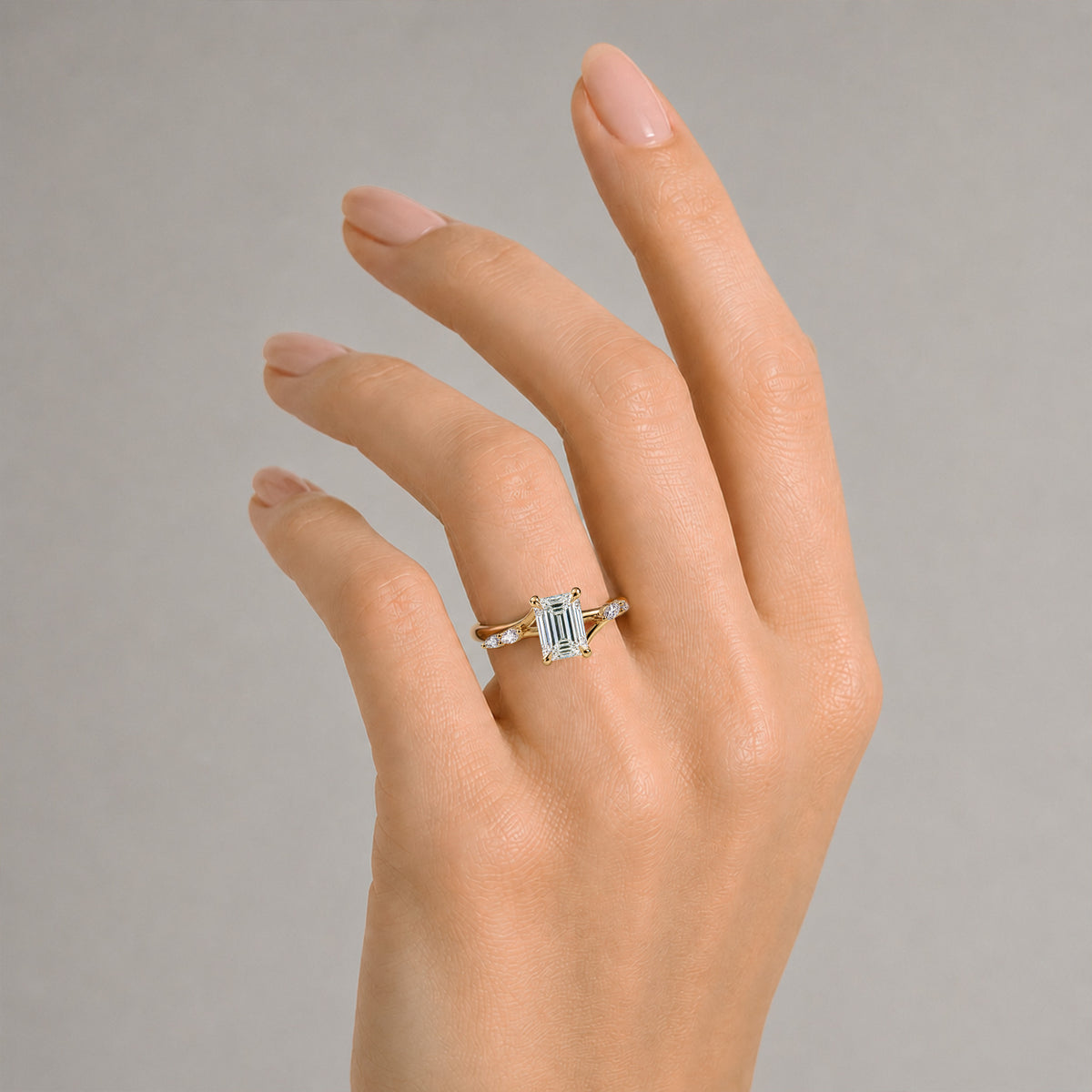 Modern Minimalist Design Emerald Cut Lab Grown Diamond Cathedral Basket Tapered Shank Polished Engagement Rings With Marquise Cut Accent Diamonds #MCERL0006
