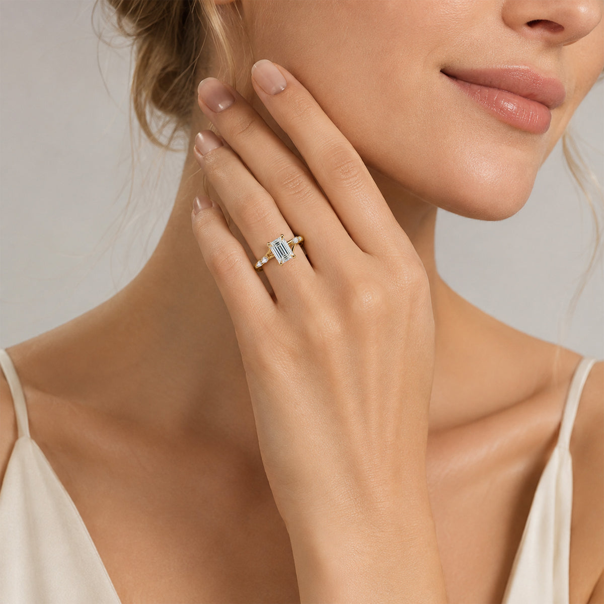 Modern Minimalist Design Emerald Cut Lab Grown Diamond Cathedral Basket Tapered Shank Polished Engagement Rings With Marquise Cut Accent Diamonds #MCERL0006