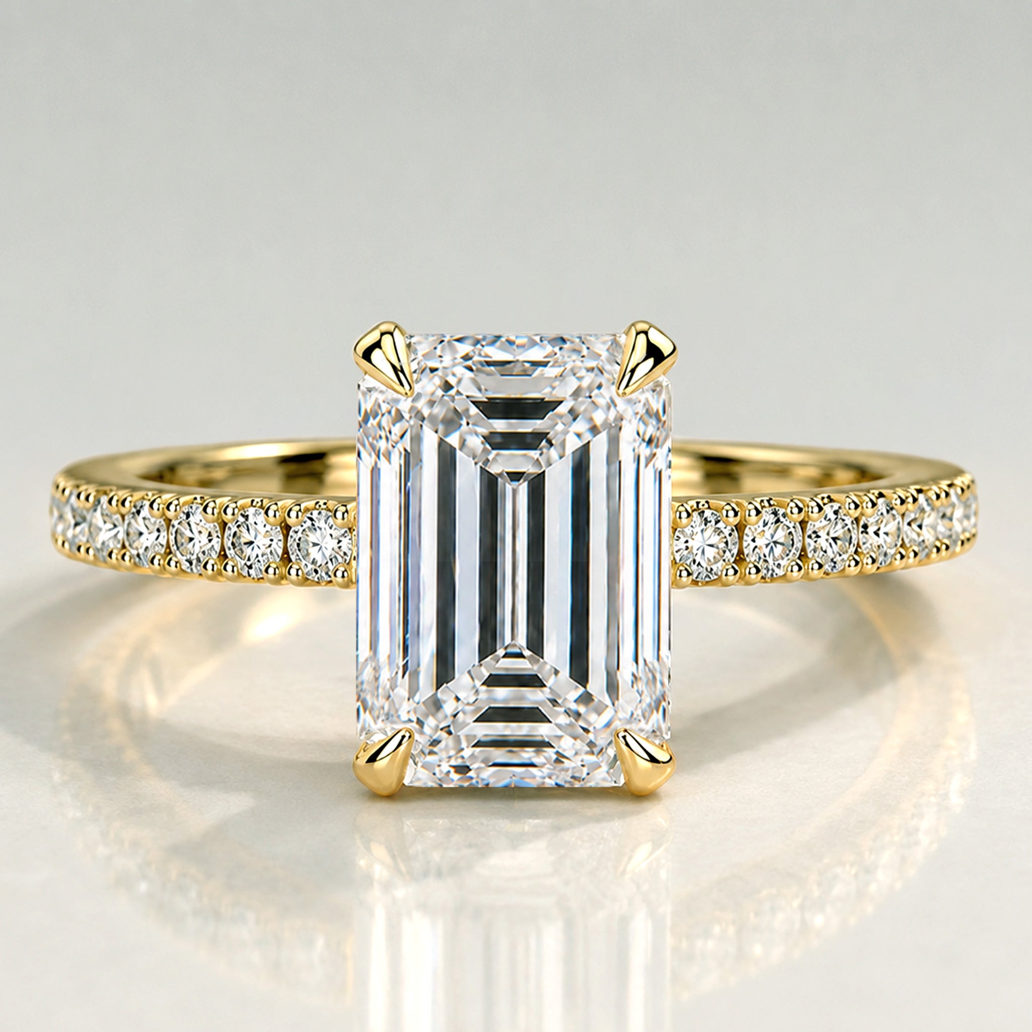 Solitaire Modern Design Emerald Cut Lab Grown Diamond Standard Basket Pave Shank Engagement Rings #MCERL0007