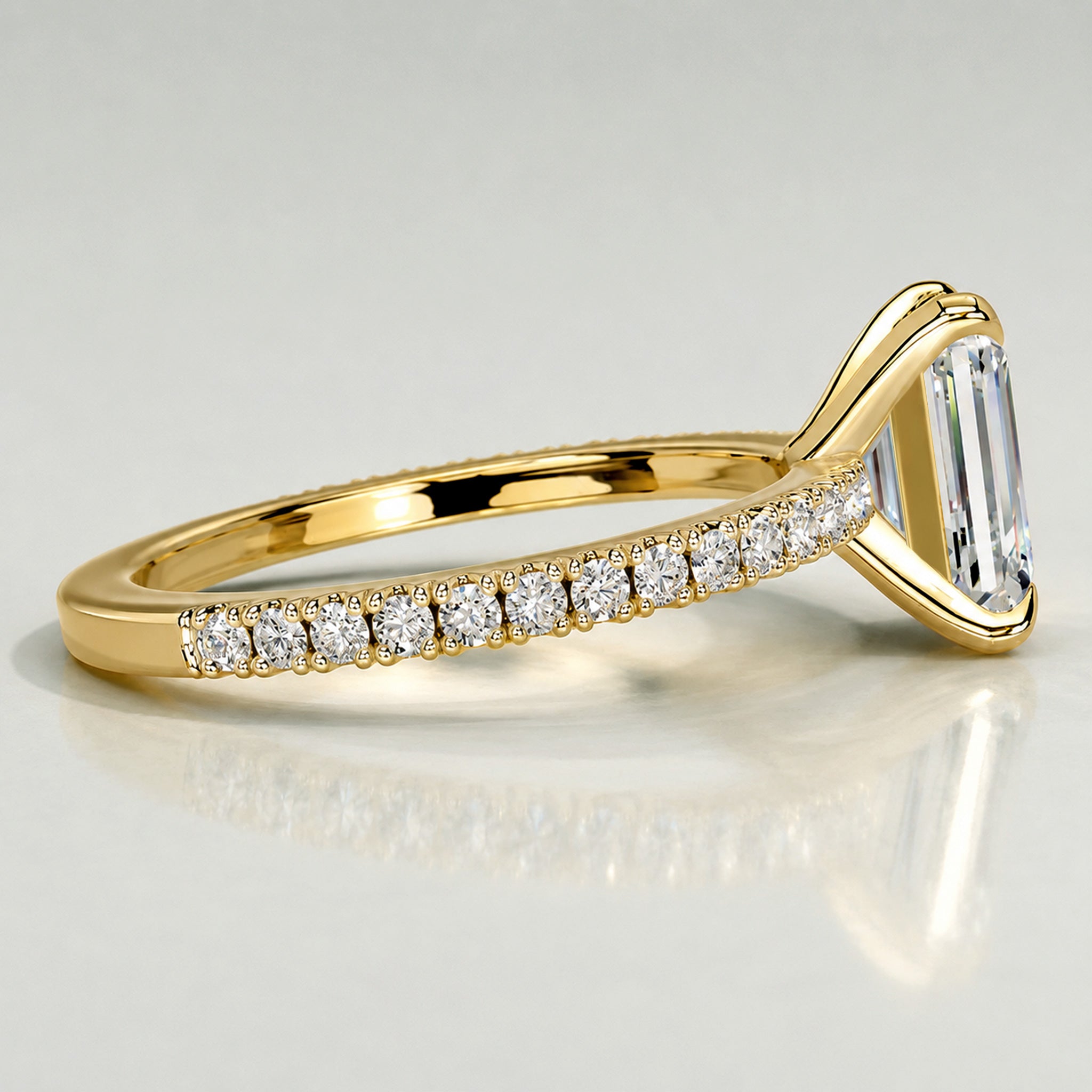 Solitaire Modern Design Emerald Cut Lab Grown Diamond Standard Basket Pave Shank Engagement Rings #MCERL0007