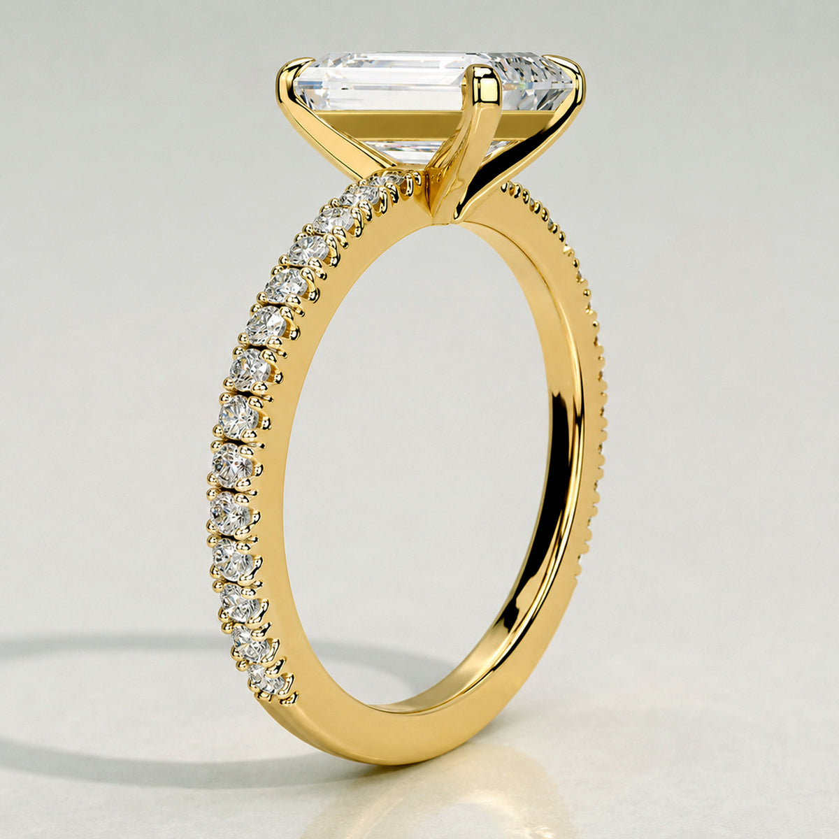 Solitaire Modern Design Emerald Cut Lab Grown Diamond Standard Basket Pave Shank Engagement Rings #MCERL0007