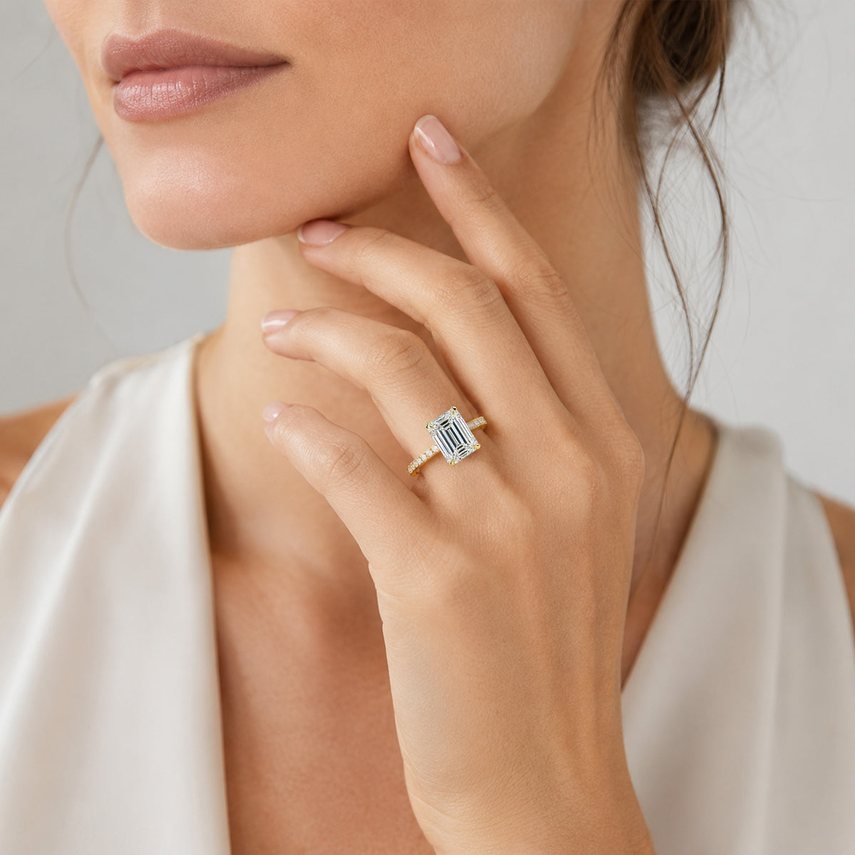 Solitaire Modern Design Emerald Cut Lab Grown Diamond Standard Basket Pave Shank Engagement Rings #MCERL0007