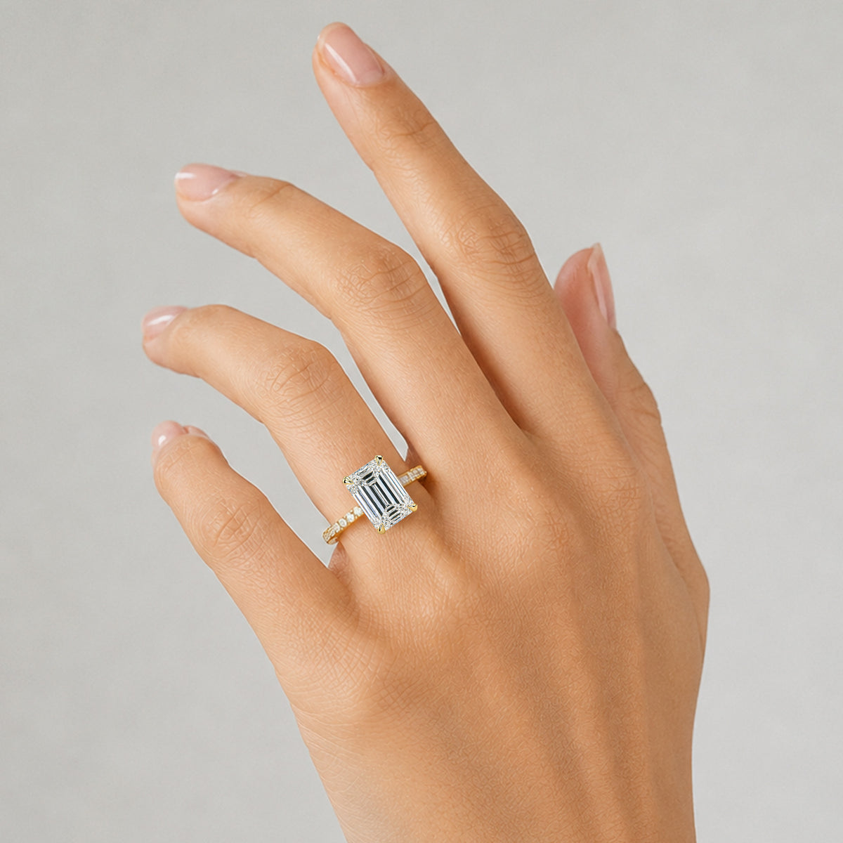 Solitaire Modern Design Emerald Cut Lab Grown Diamond Standard Basket Pave Shank Engagement Rings #MCERL0007