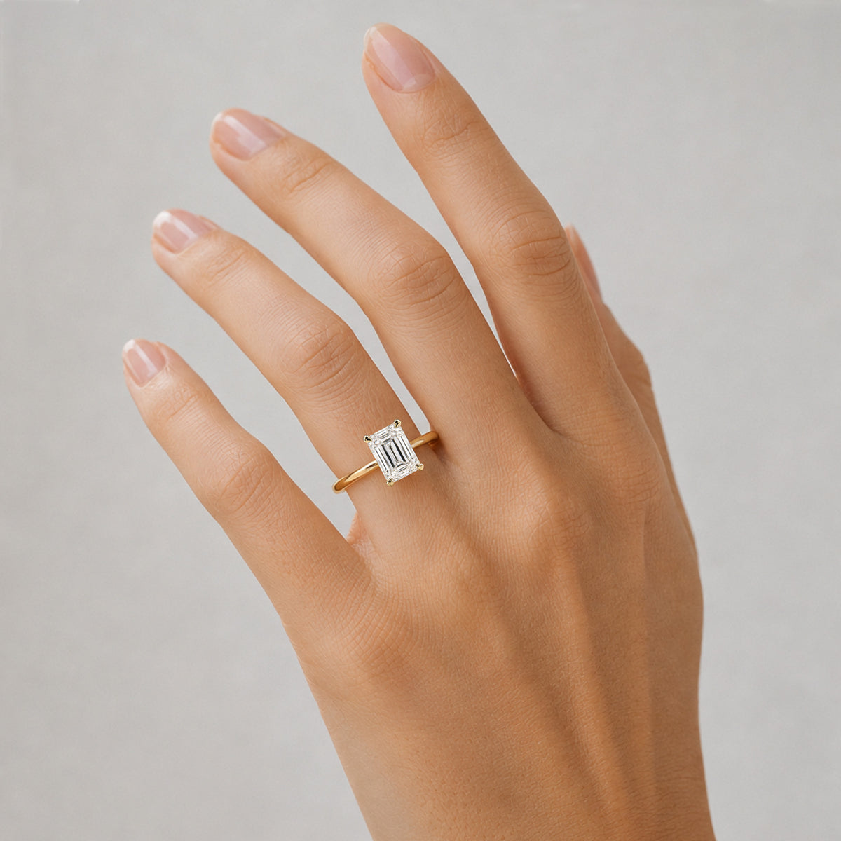 Solitaire Modern Minimalist Design Emerald Cut Lab Grown Diamond Cathedral Basket Tapered Shank Polished Engagement Rings With Round Cut Accent Diamonds #MCERL0008
