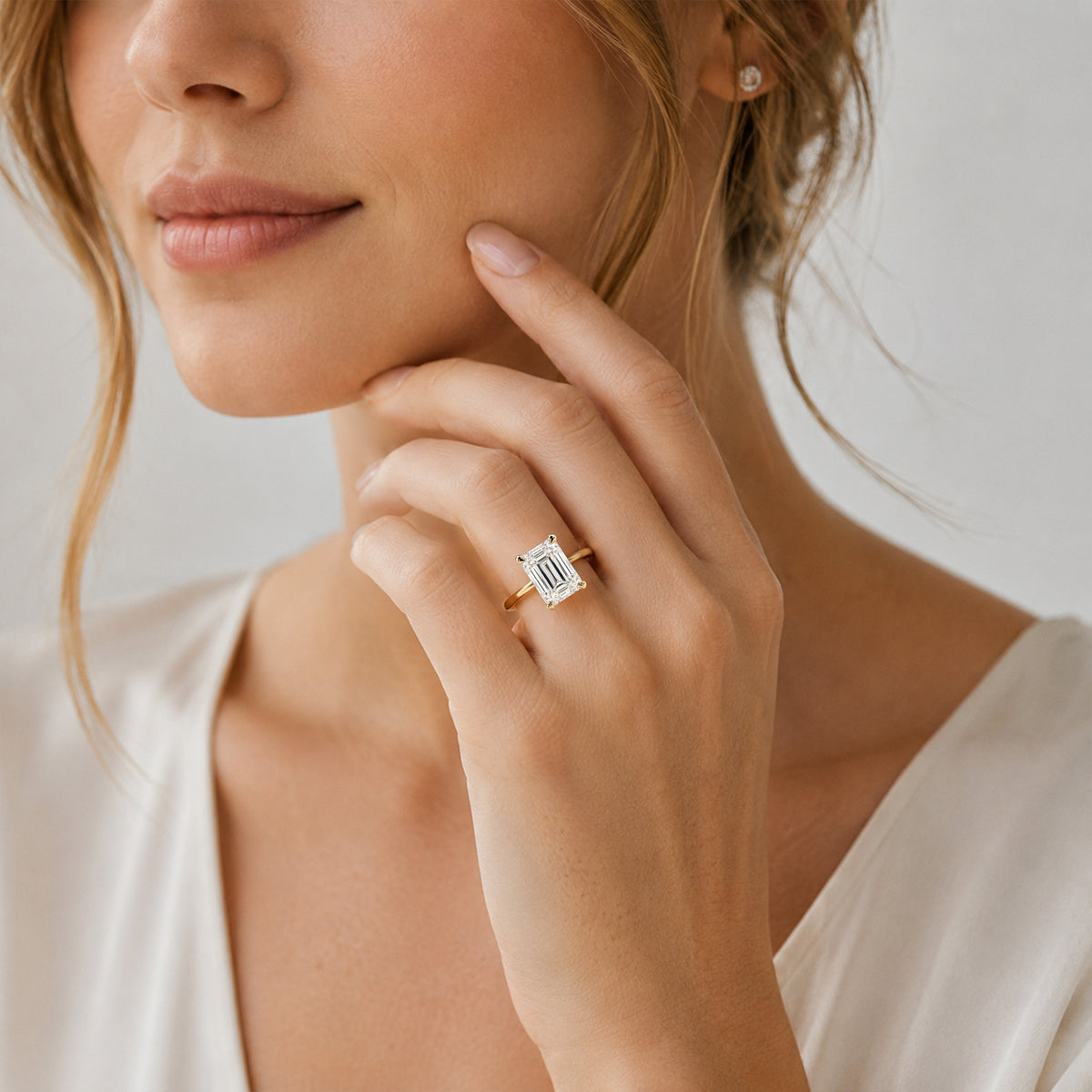 Solitaire Modern Minimalist Design Emerald Cut Lab Grown Diamond Cathedral Basket Tapered Shank Polished Engagement Rings With Round Cut Accent Diamonds #MCERL0008